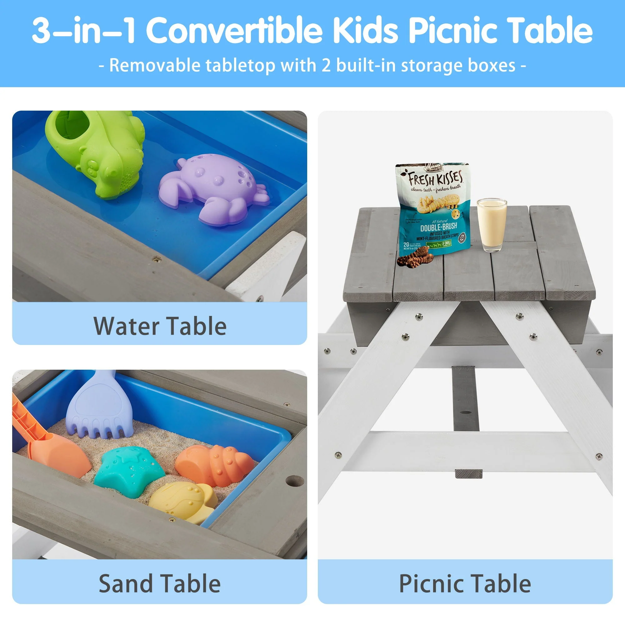 3-In-1 Kids Outdoor Wooden Picnic Table With Umbrella, Convertible Sand & Water, ASTM & CPSIA Certification - Image 7