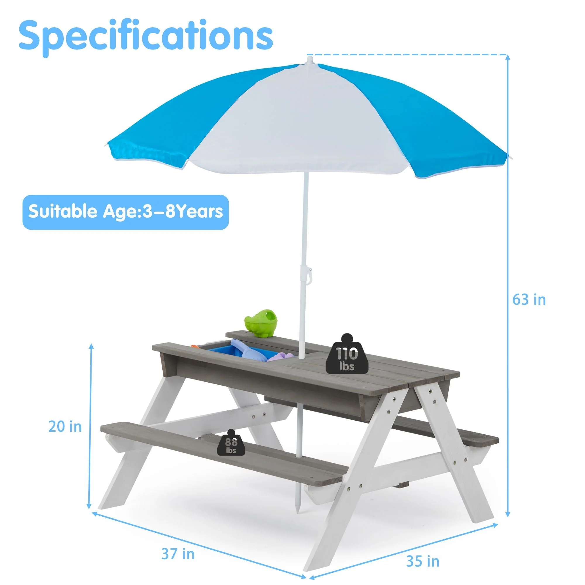 3-In-1 Kids Outdoor Wooden Picnic Table With Umbrella, Convertible Sand & Water, ASTM & CPSIA Certification - Image 8