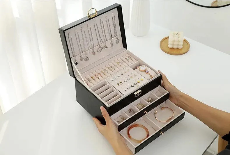 3 Layer Leather Jewelry Box Organizer Case with Compartments 23x17cm - Image 10