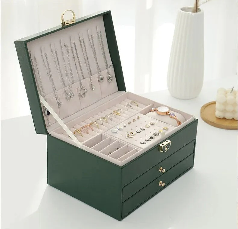 3 Layer Leather Jewelry Box Organizer Case with Compartments 23x17cm - Image 11