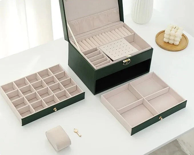 3 Layer Leather Jewelry Box Organizer Case with Compartments 23x17cm - Image 14