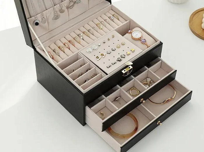 3 Layer Leather Jewelry Box Organizer Case with Compartments 23x17cm - Image 16