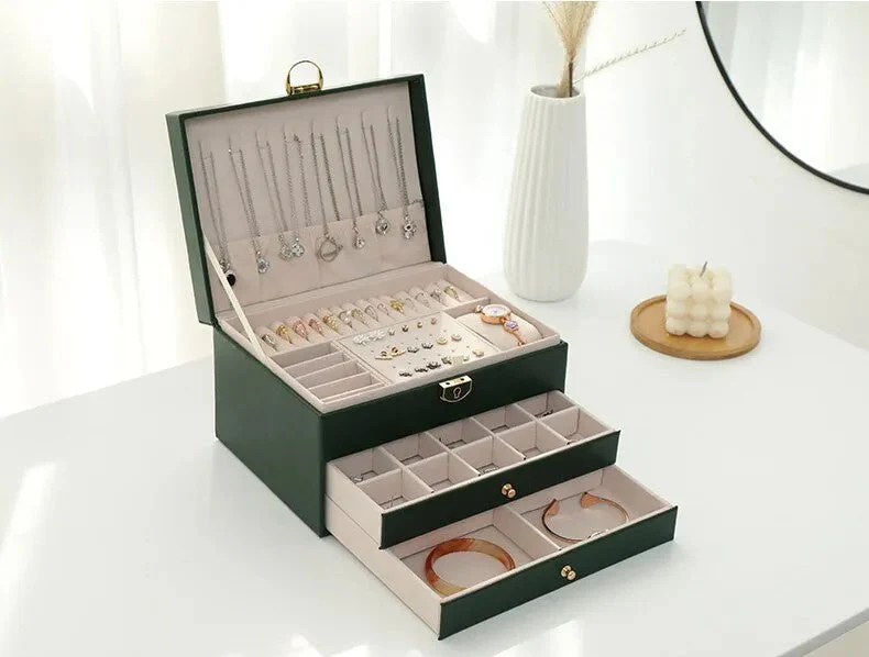3 Layer Leather Jewelry Box Organizer Case with Compartments 23x17cm - Image 5