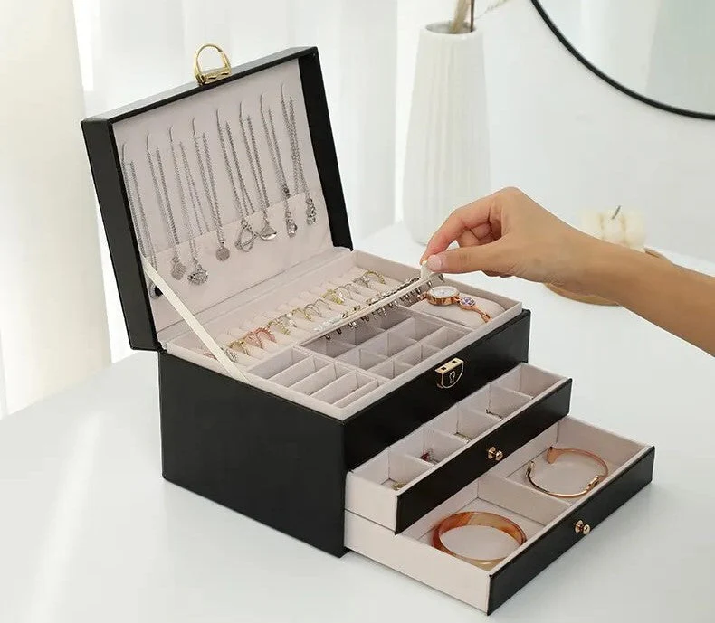 3 Layer Leather Jewelry Box Organizer Case with Compartments 23x17cm - Image 9