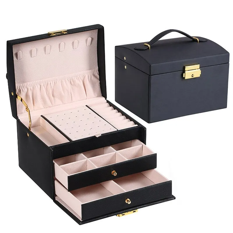 3 Layer Leather Jewelry Box Organizer with Drawers Velvet Lined 17.5cm - Image 2