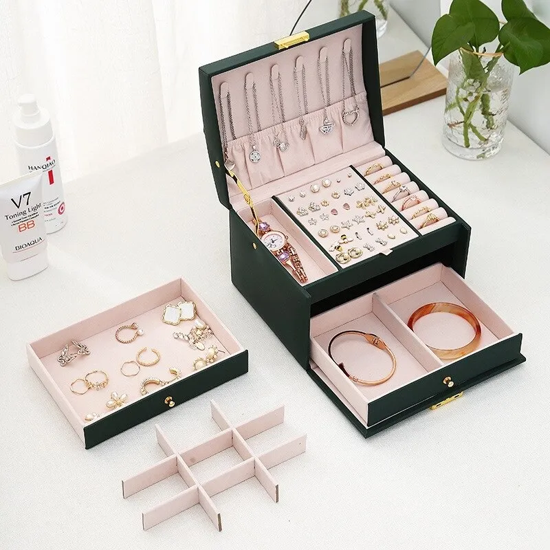 3 Layer Leather Jewelry Box Organizer with Drawers Velvet Lined 17.5cm - Image 7