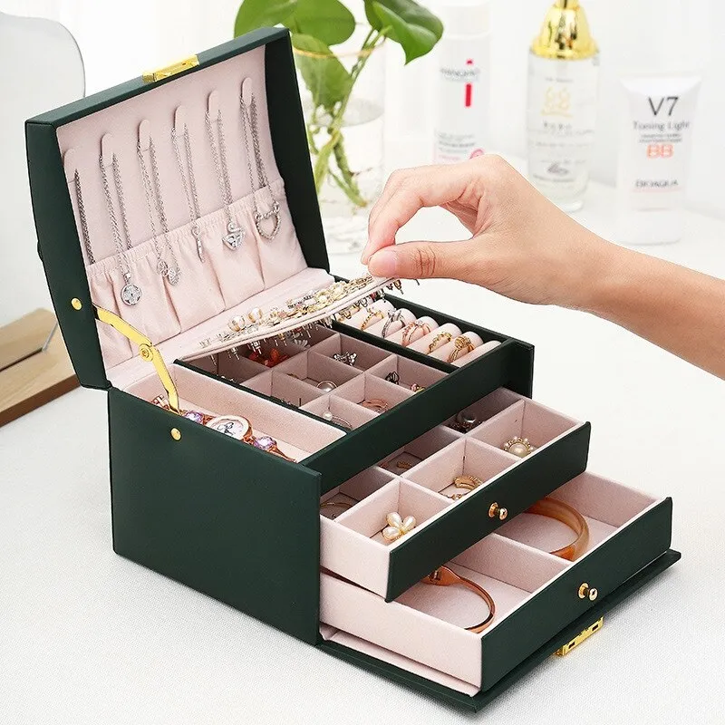 3 Layer Leather Jewelry Box Organizer with Drawers Velvet Lined 17.5cm - Image 8