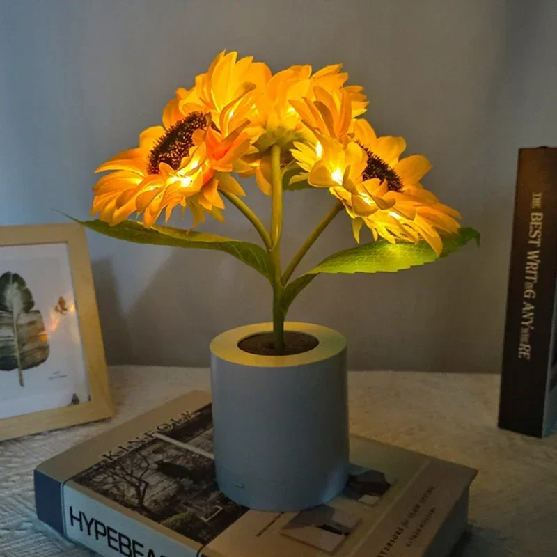 3 LED Sunflower Night Light Rechargeable Table Lamp Bedroom Bedside Decor Lamp