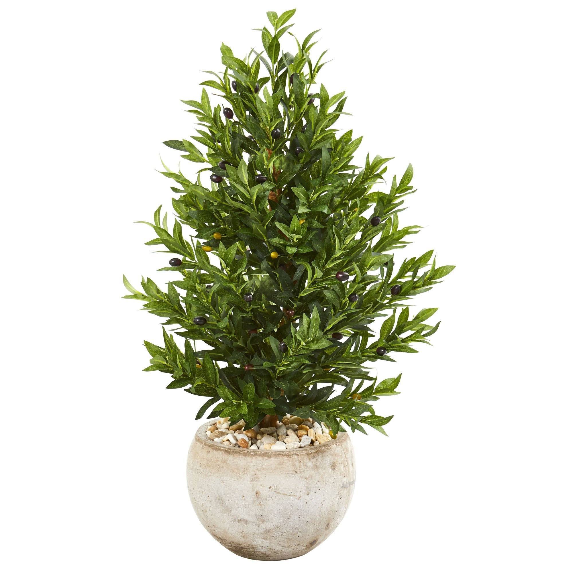 3’ Olive Cone Topiary Artificial Tree in Sand Stone Planter (Indoor/Outdoor) - Image 4