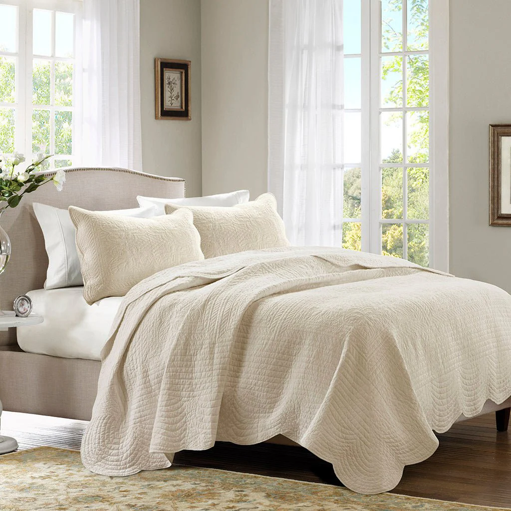 3 Pc Antimicrobial Cream Reversible Scalloped Edge Quilt Set - Image 2
