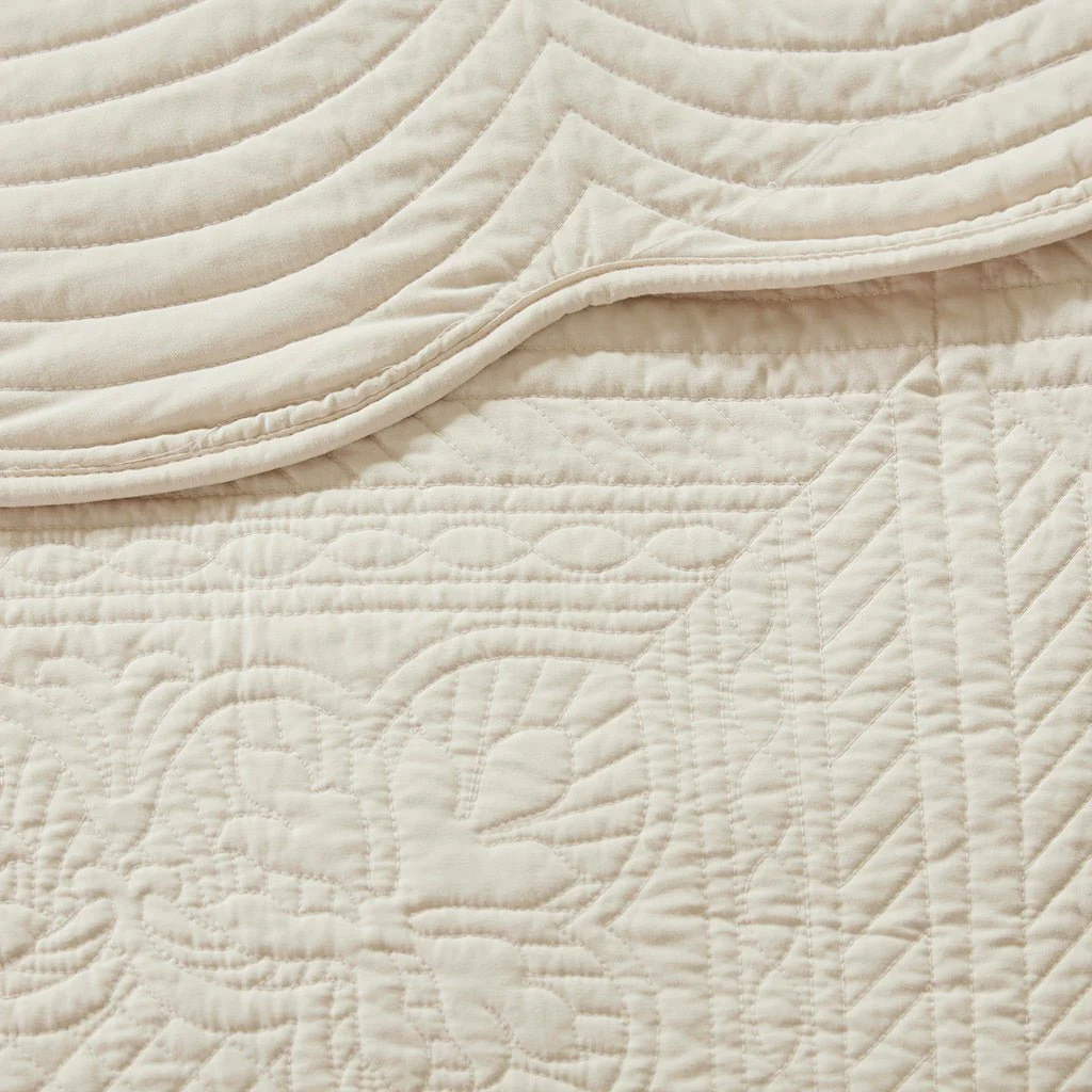 3 Pc Antimicrobial Cream Reversible Scalloped Edge Quilt Set - Image 3