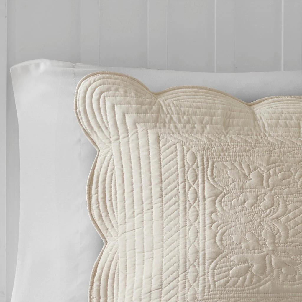3 Pc Antimicrobial Cream Reversible Scalloped Edge Quilt Set - Image 4