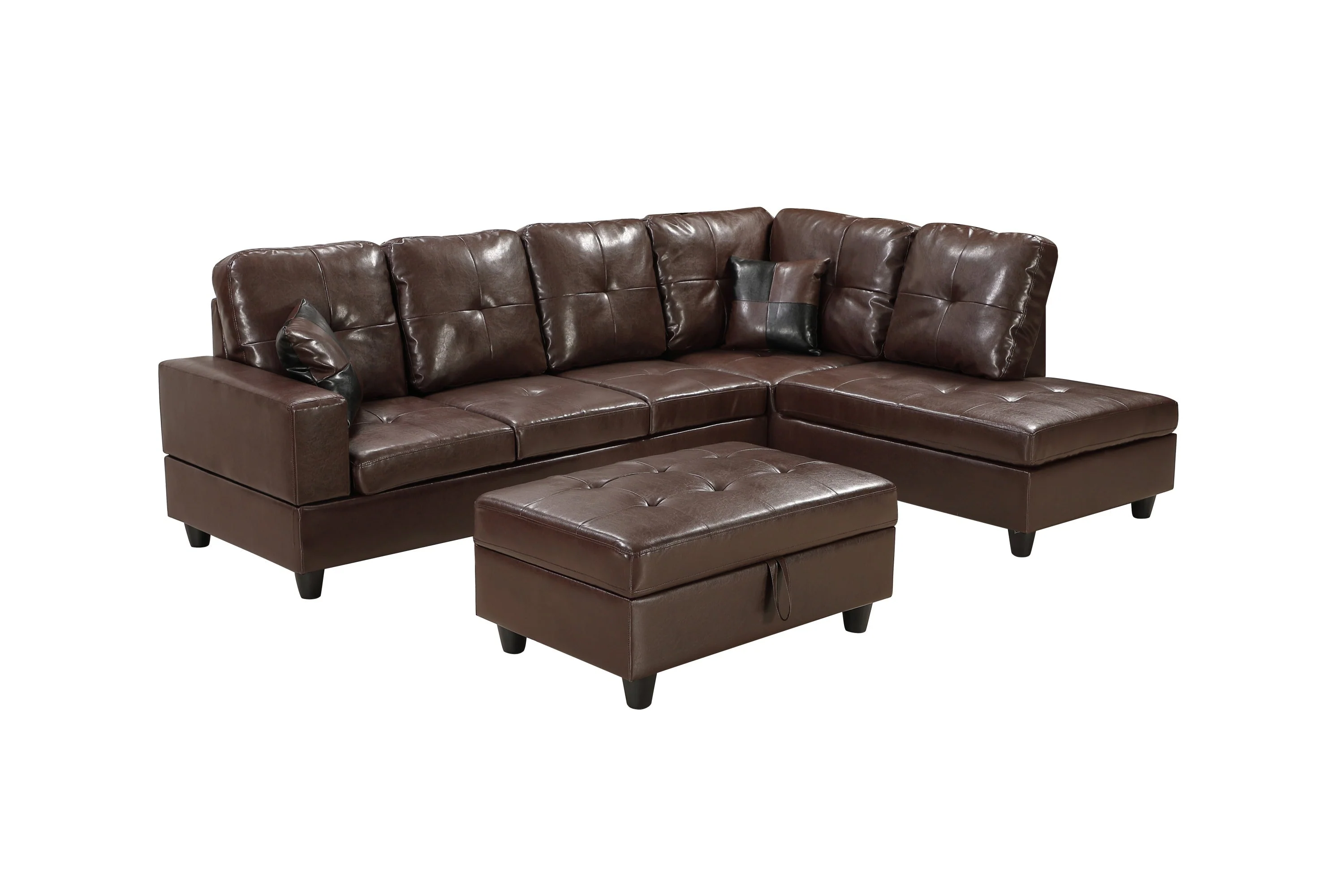3 Pc Sectional Sofa Set Brown Faux Leather Left-Facing Chaise - Image 5