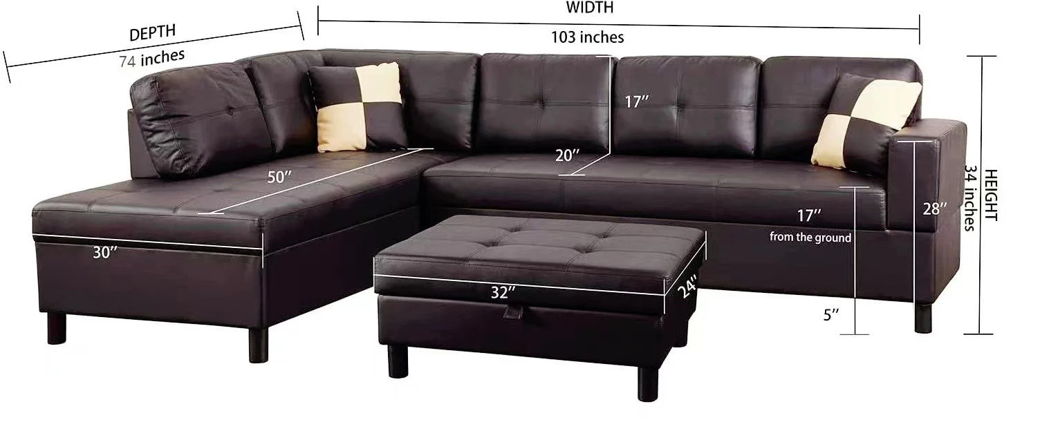 3 Pc Sectional Sofa Set Brown Faux Leather Left-Facing Chaise - Image 7