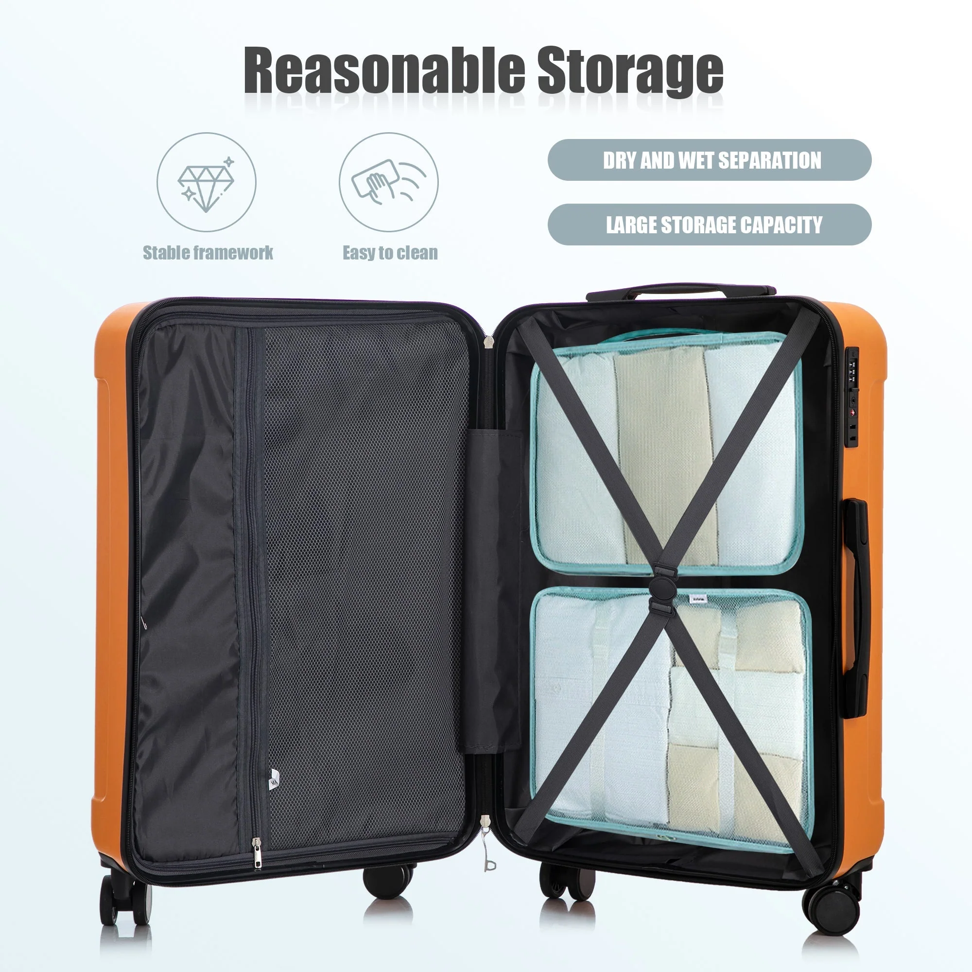 3-Piece ABS Spinner Wheel Luggage Set in Black and Orange - Image 5
