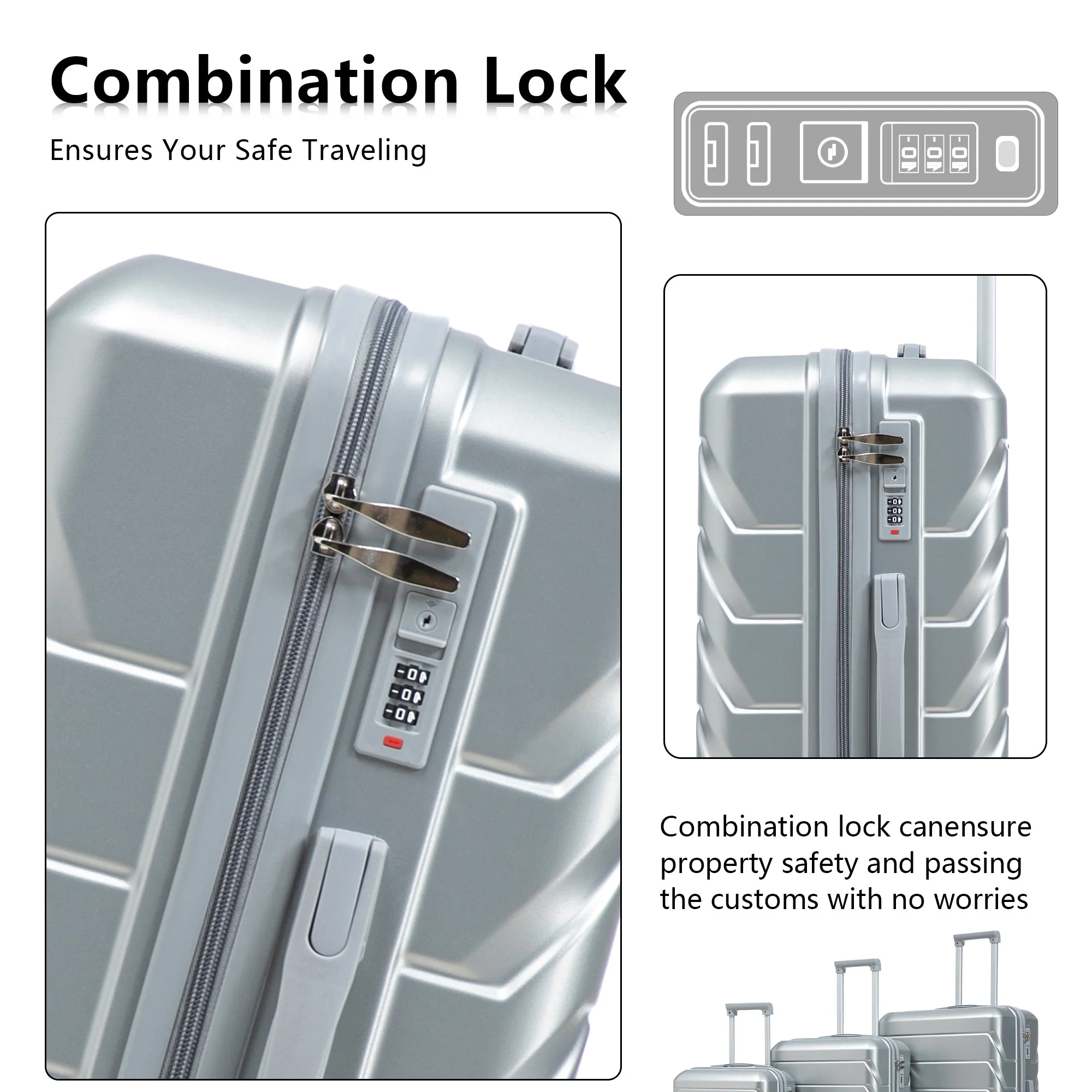 3-Piece ABS Spinner Wheel Luggage Set with Combination Lock - Silver - Image 3