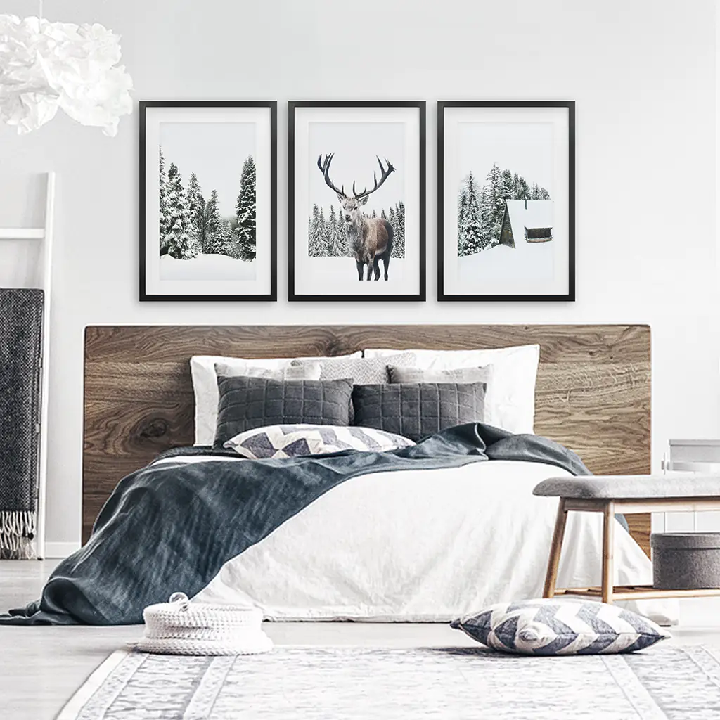 3 Piece Christmas Wall Art. Forest, Log Cabin, Reindeer - Image 4