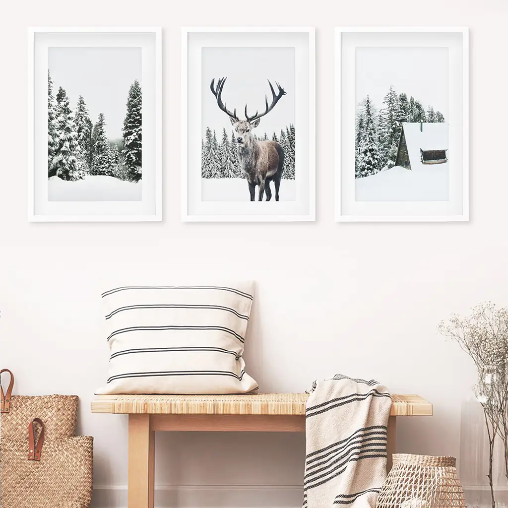 3 Piece Christmas Wall Art. Forest, Log Cabin, Reindeer - Image 5