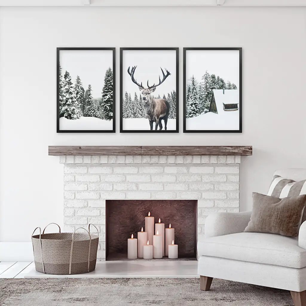 3 Piece Christmas Wall Art. Forest, Log Cabin, Reindeer - Image 6