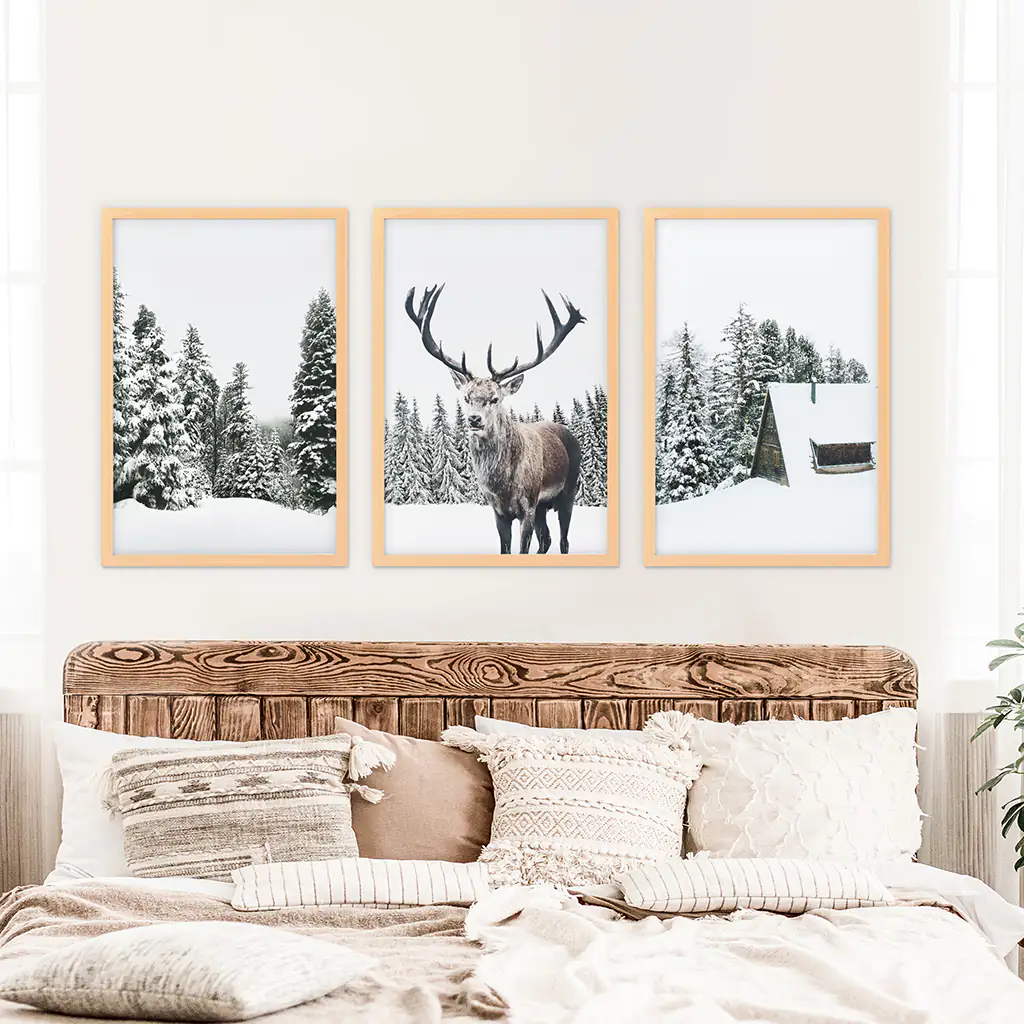 3 Piece Christmas Wall Art. Forest, Log Cabin, Reindeer - Image 8
