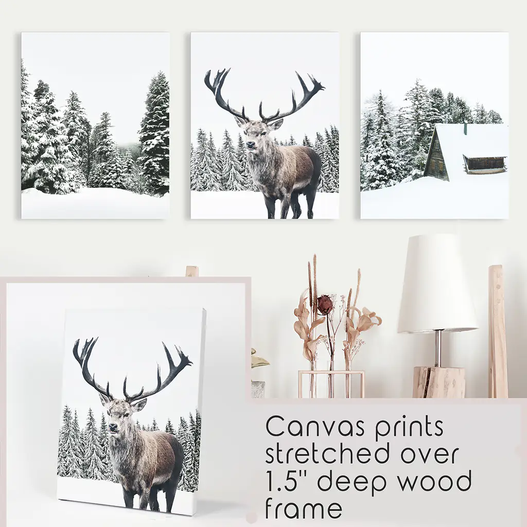 3 Piece Christmas Wall Art. Forest, Log Cabin, Reindeer - Image 9