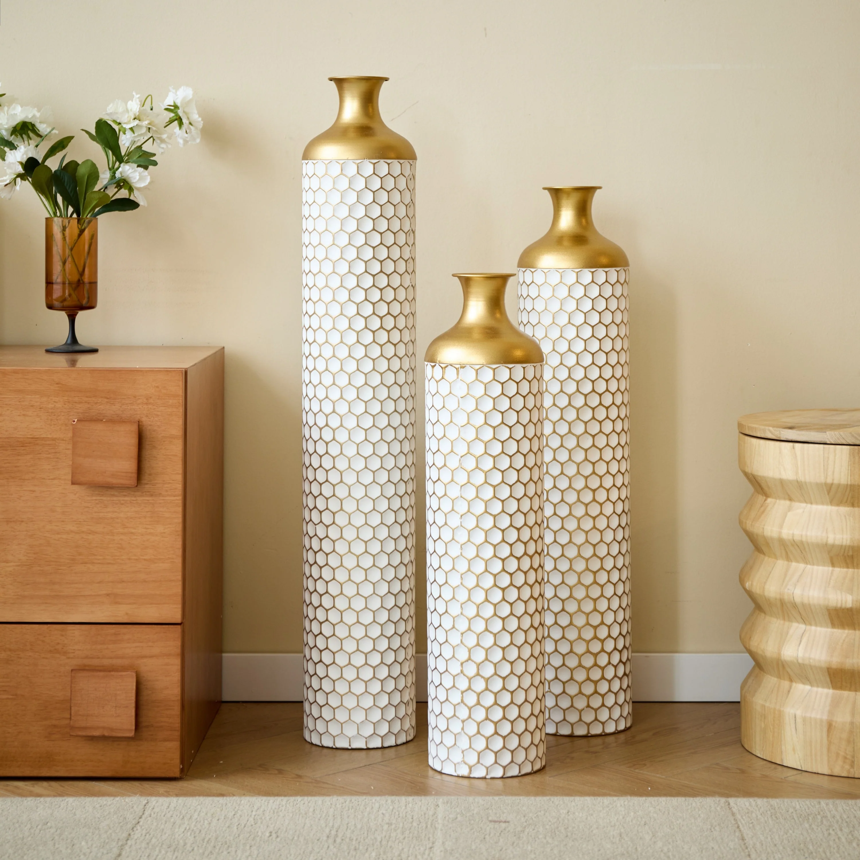 3-Piece Modern Metal Vase Set - White & Gold - Image 10