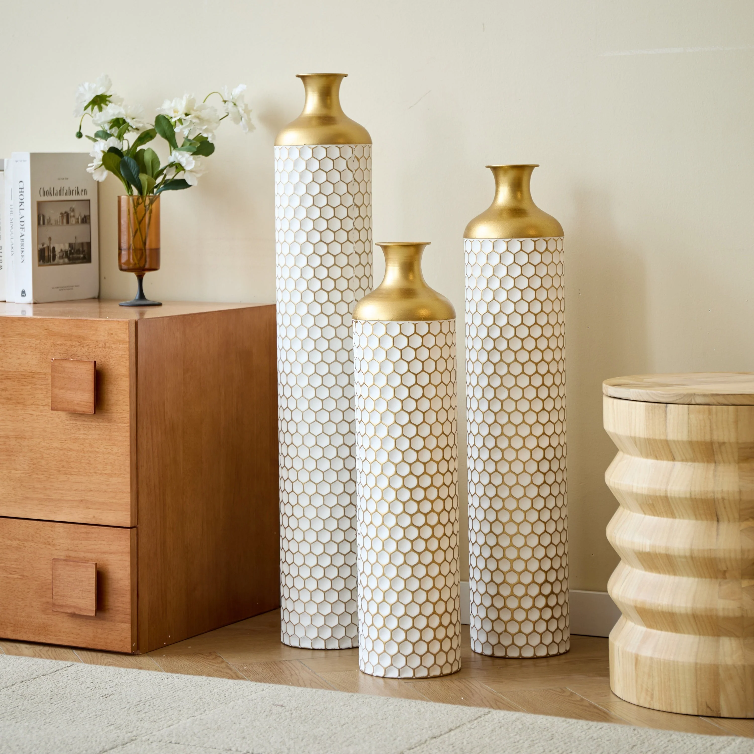3-Piece Modern Metal Vase Set - White & Gold - Image 11