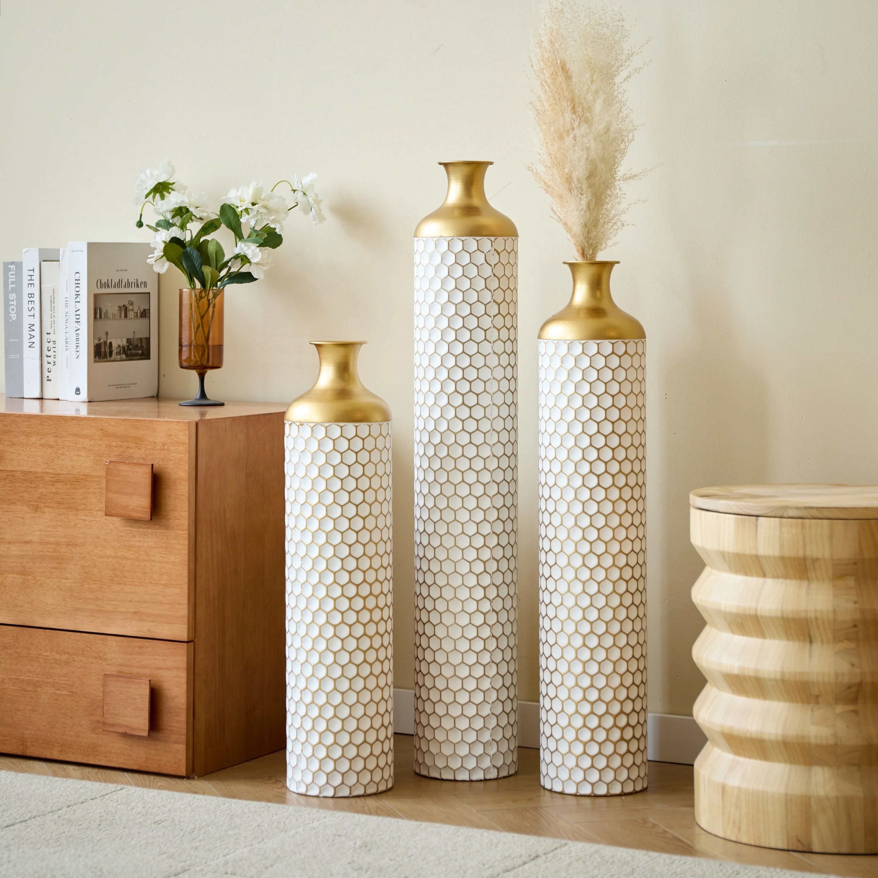 3-Piece Modern Metal Vase Set - White & Gold - Image 12