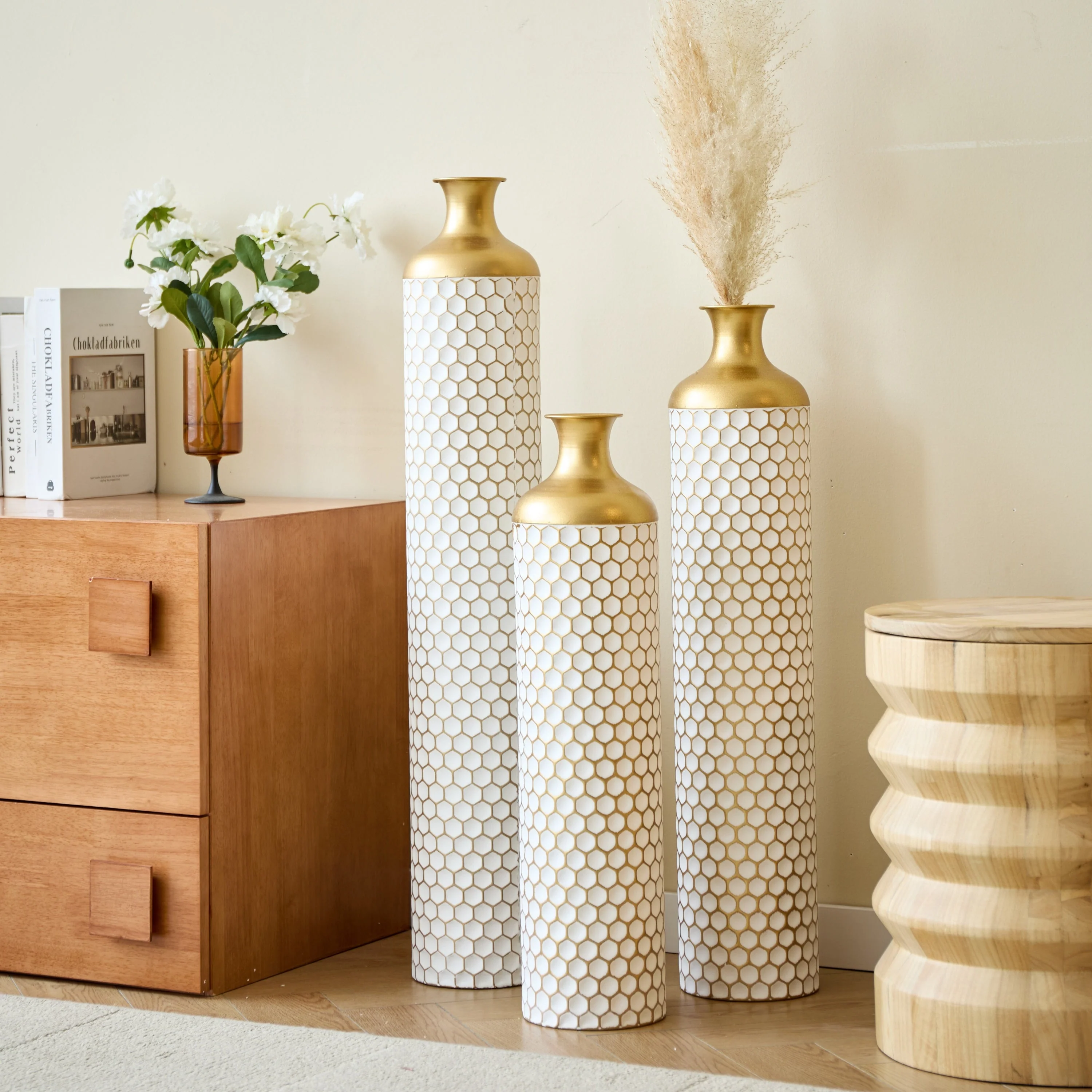 3-Piece Modern Metal Vase Set - White & Gold - Image 13
