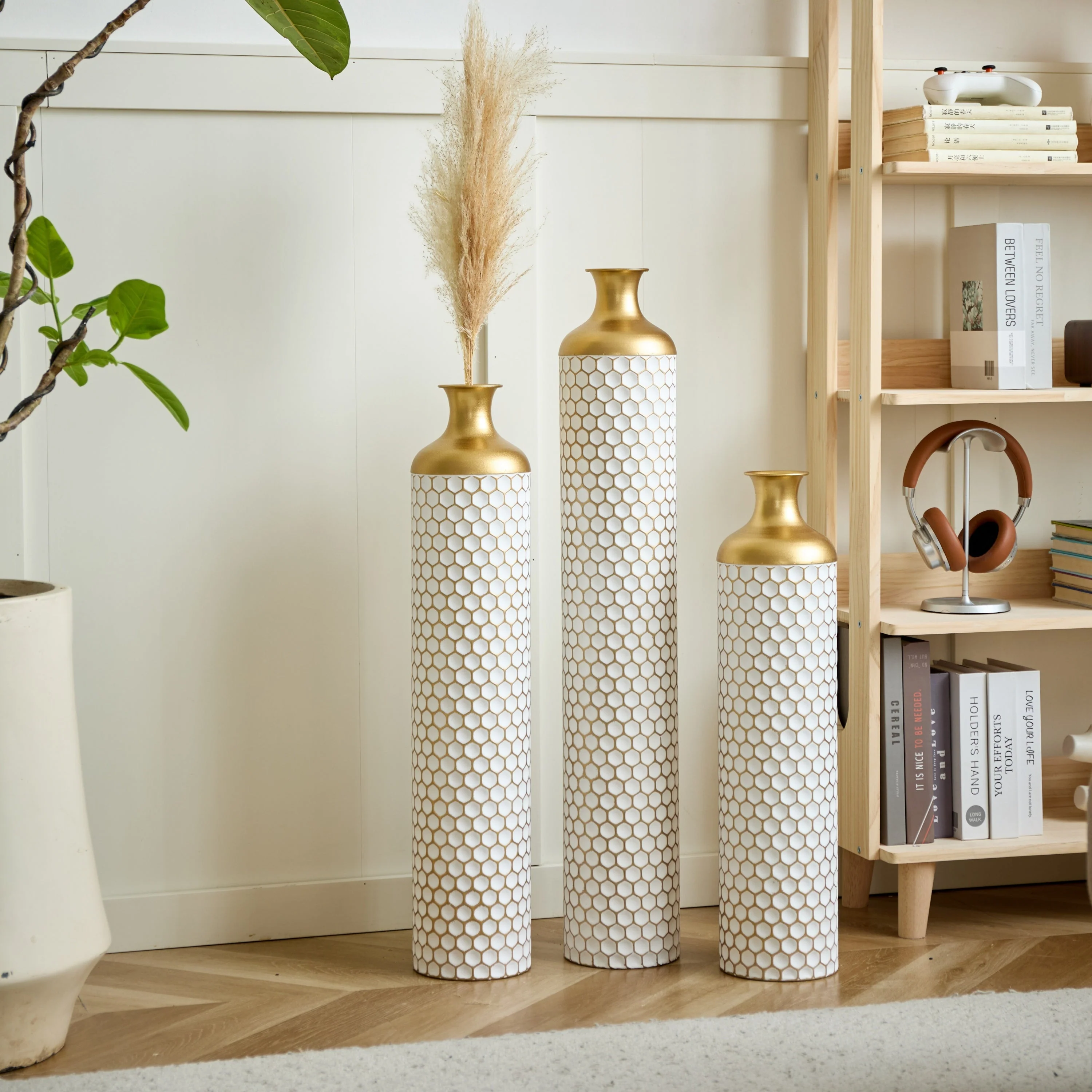 3-Piece Modern Metal Vase Set - White & Gold - Image 14