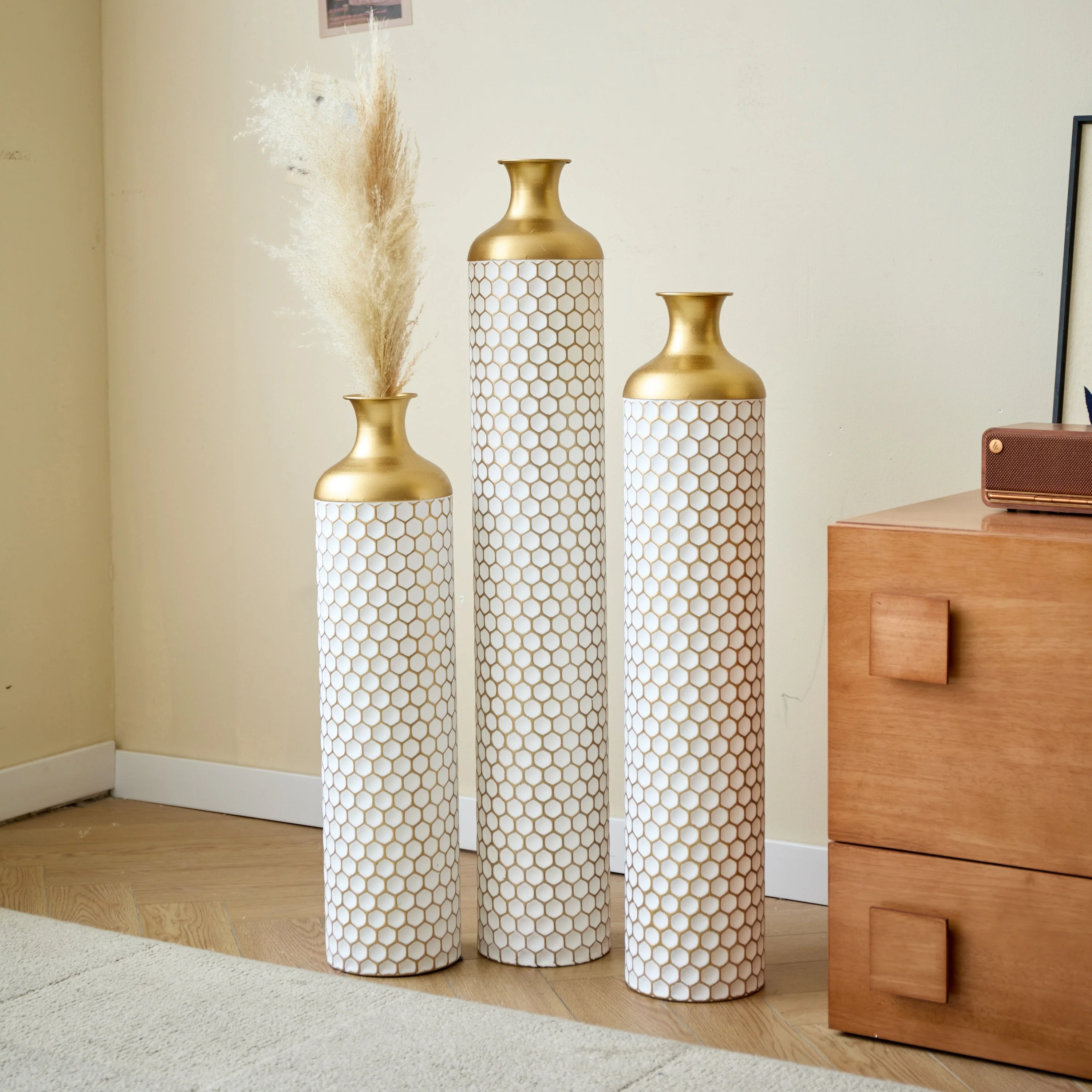 3-Piece Modern Metal Vase Set - White & Gold - Image 16