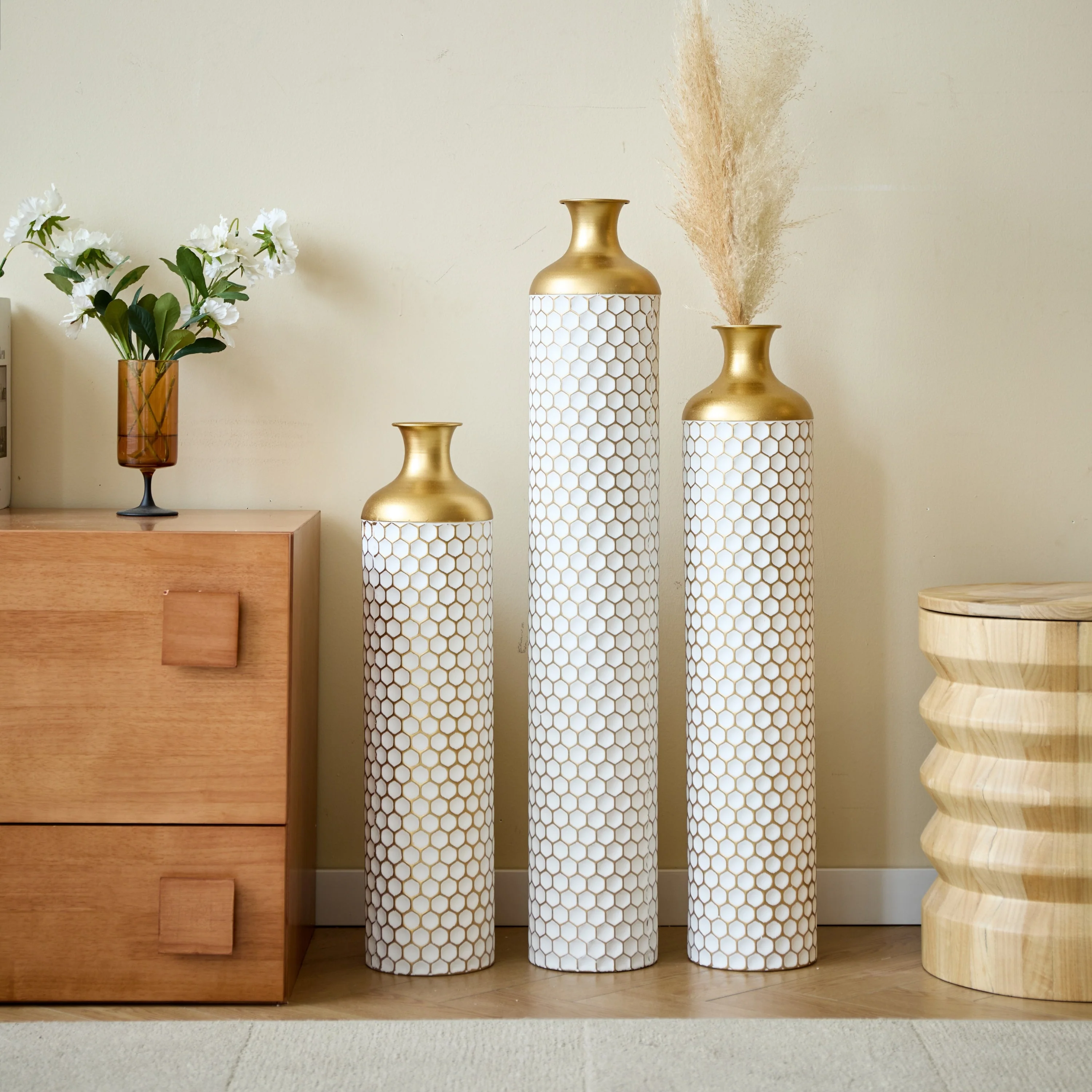 3-Piece Modern Metal Vase Set - White & Gold - Image 2