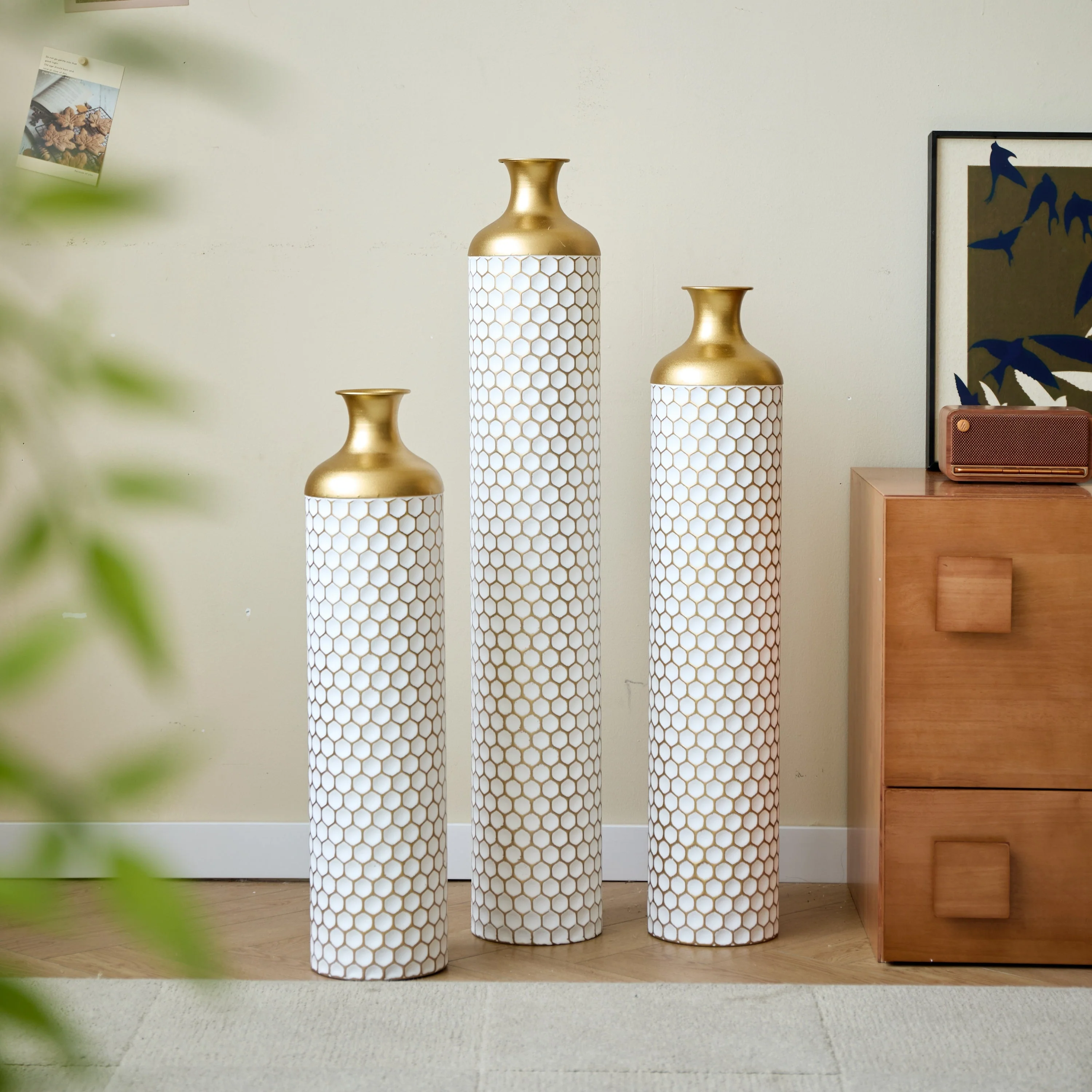 3-Piece Modern Metal Vase Set - White & Gold - Image 20