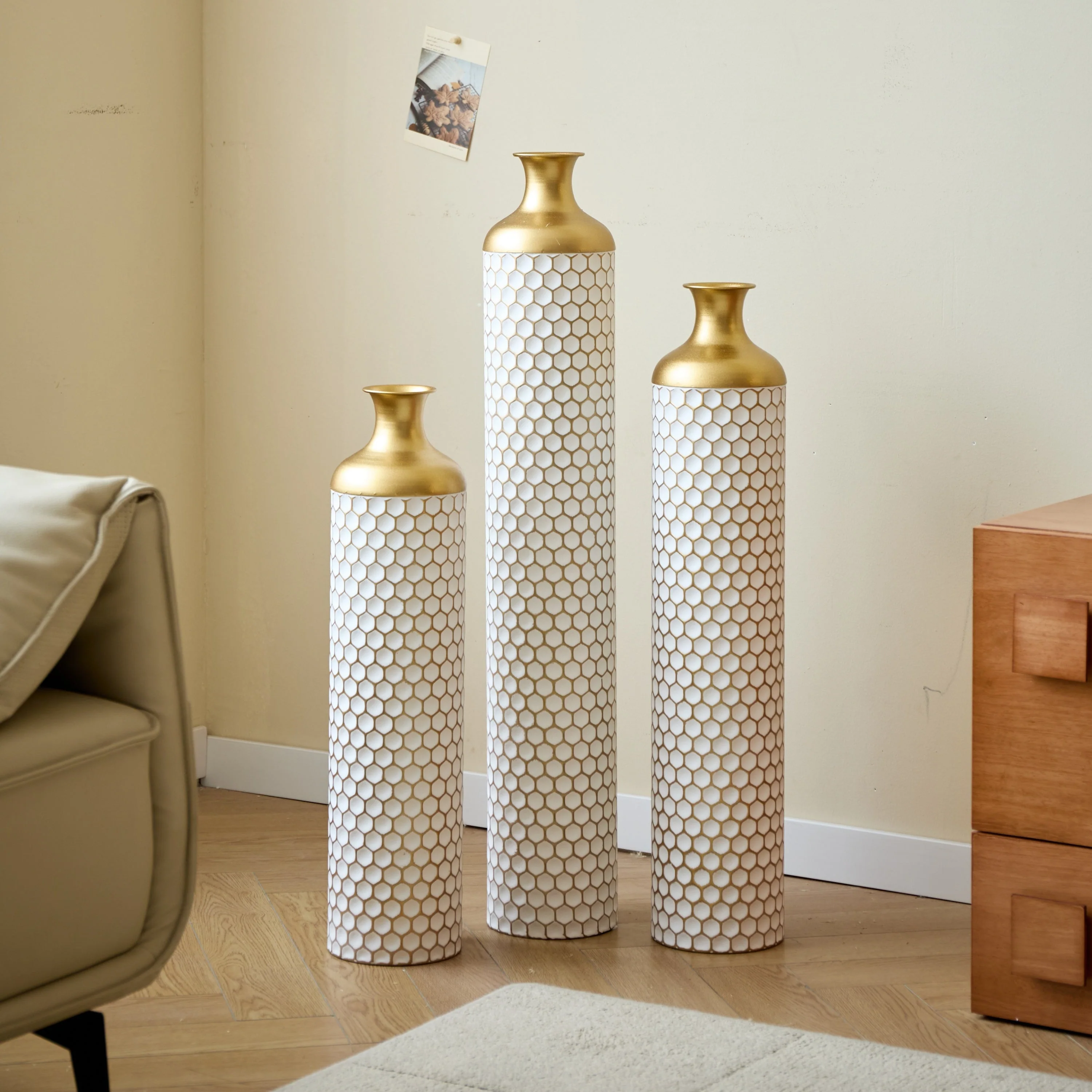 3-Piece Modern Metal Vase Set - White & Gold - Image 21