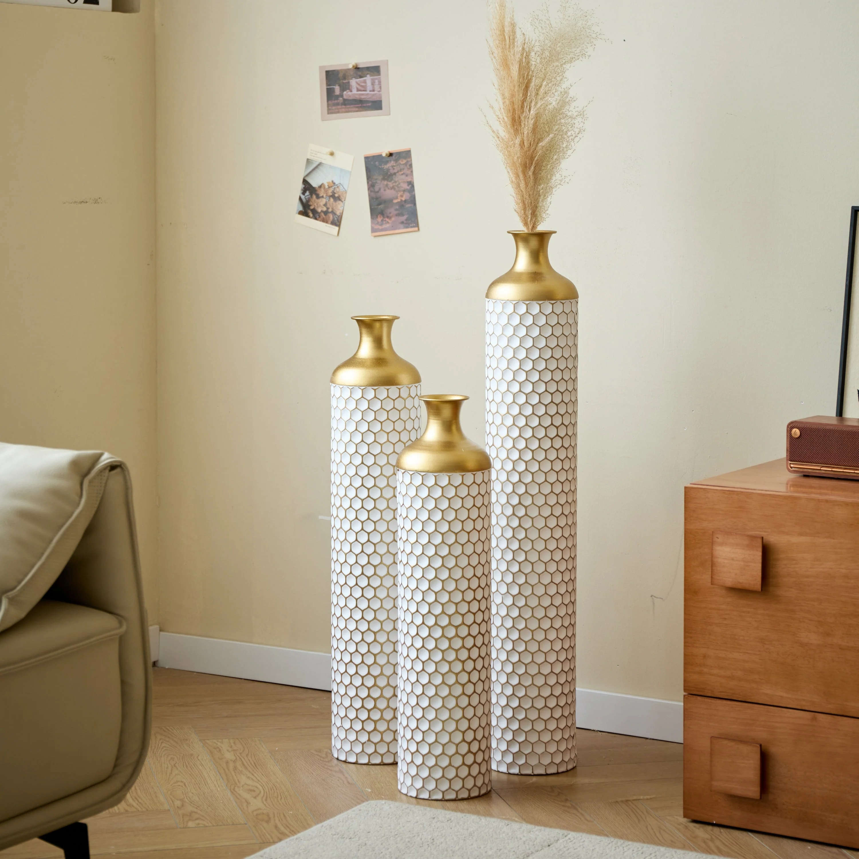 3-Piece Modern Metal Vase Set - White & Gold - Image 22