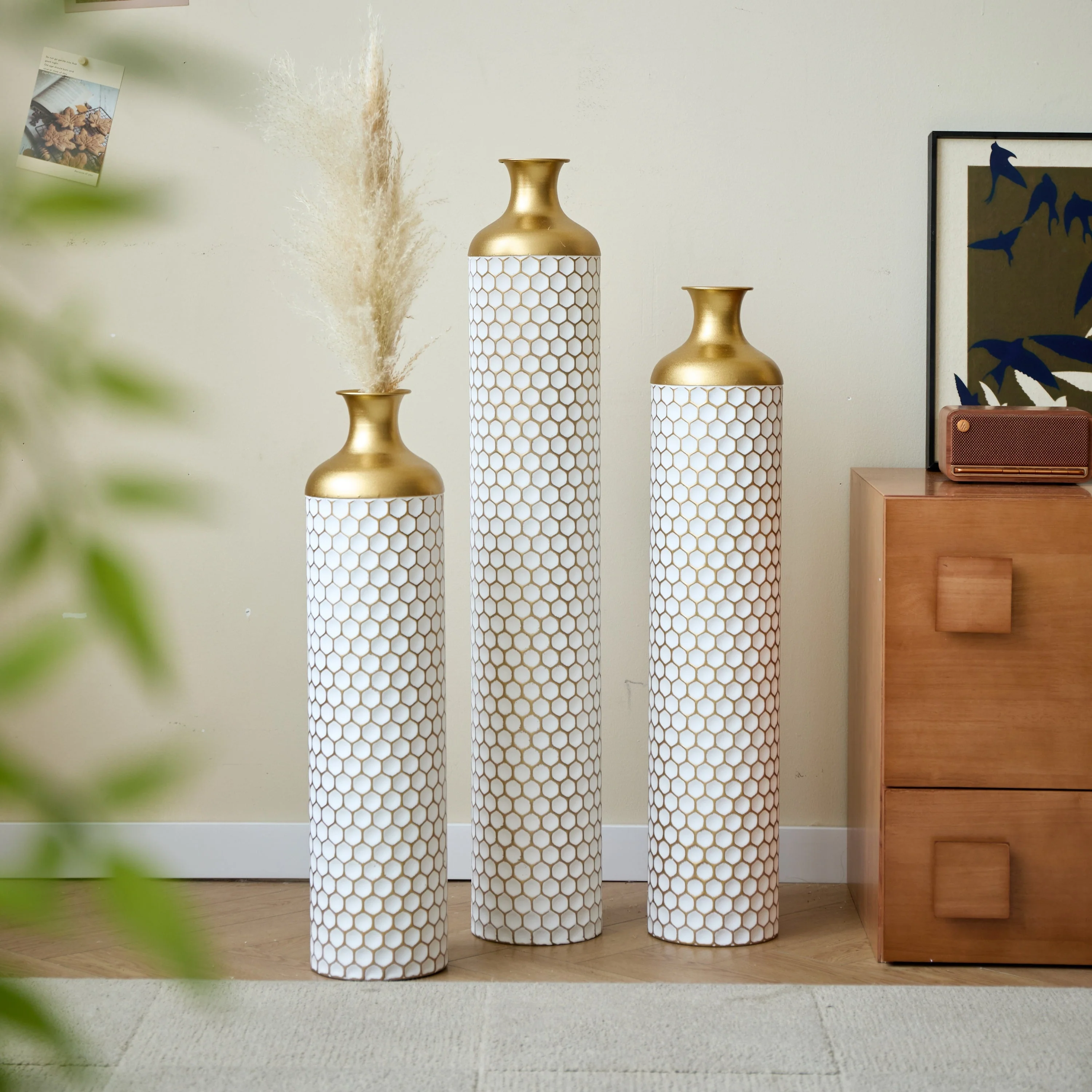3-Piece Modern Metal Vase Set - White & Gold - Image 23