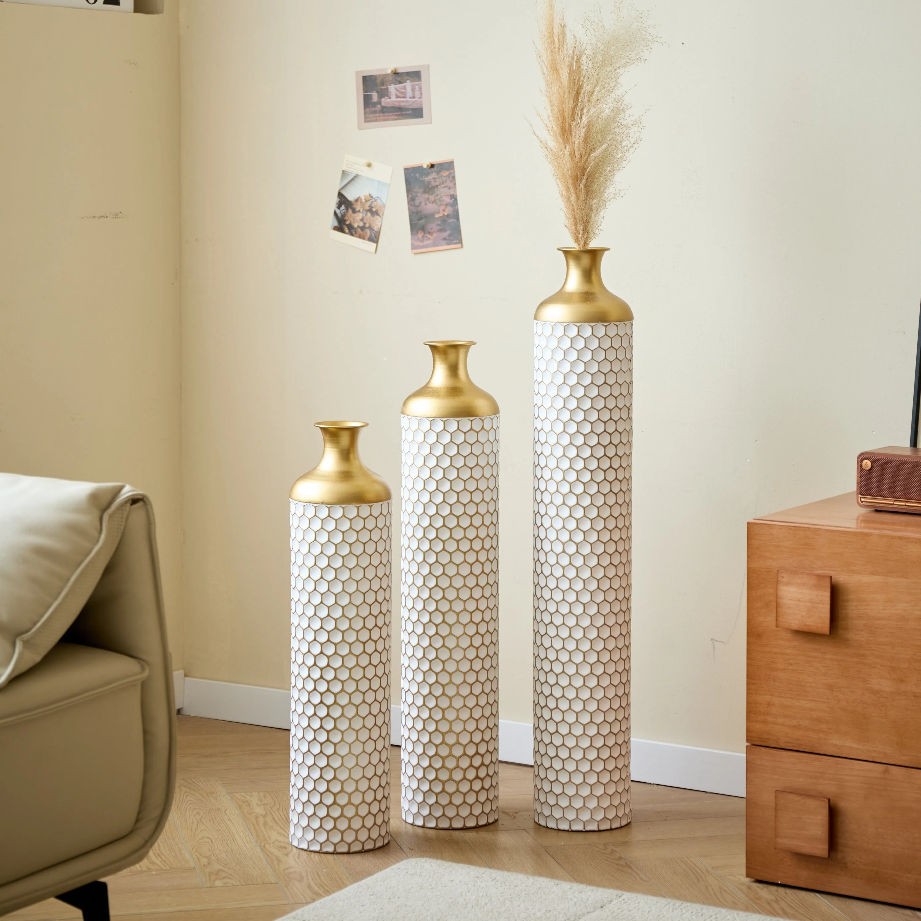 3-Piece Modern Metal Vase Set - White & Gold - Image 24
