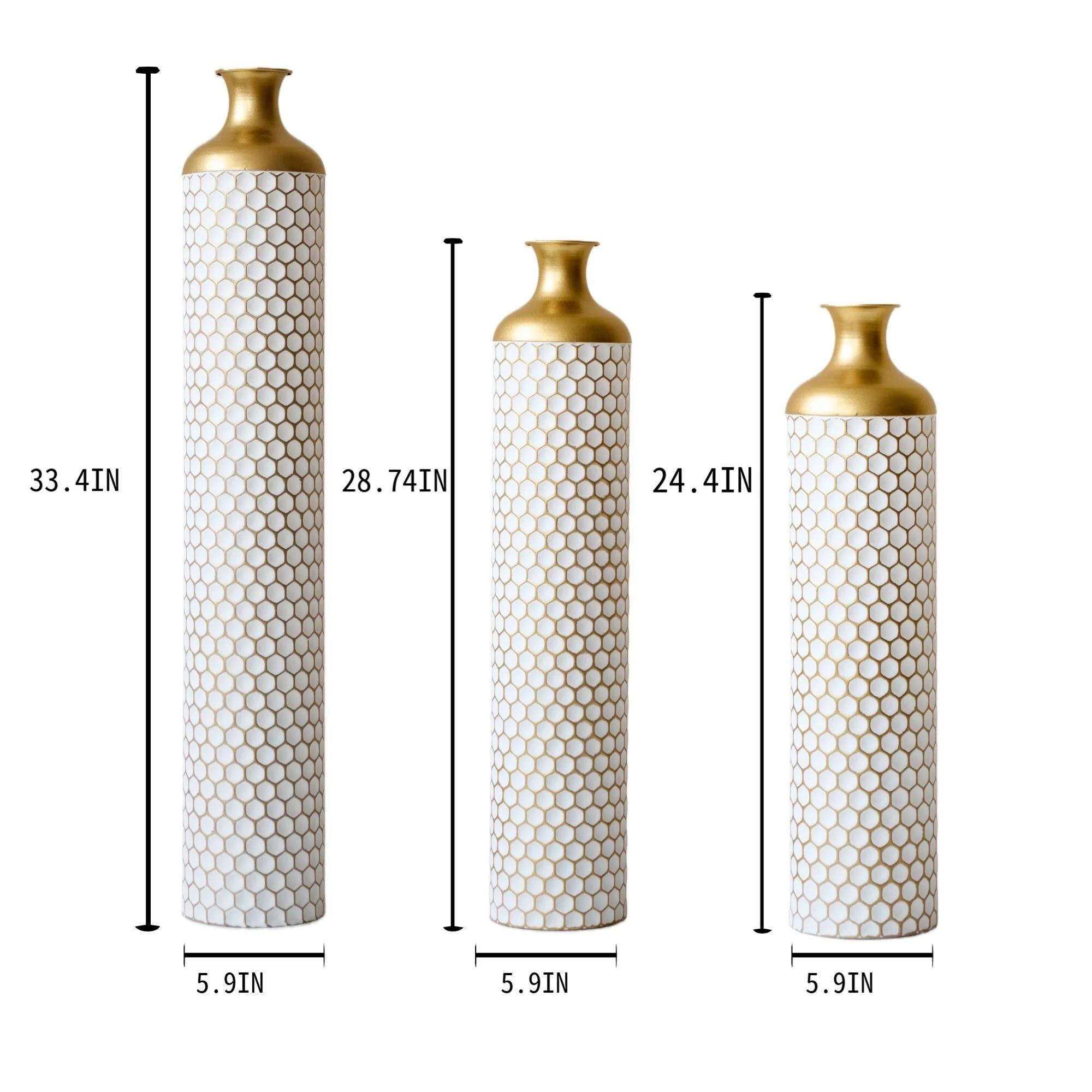 3-Piece Modern Metal Vase Set - White & Gold - Image 3