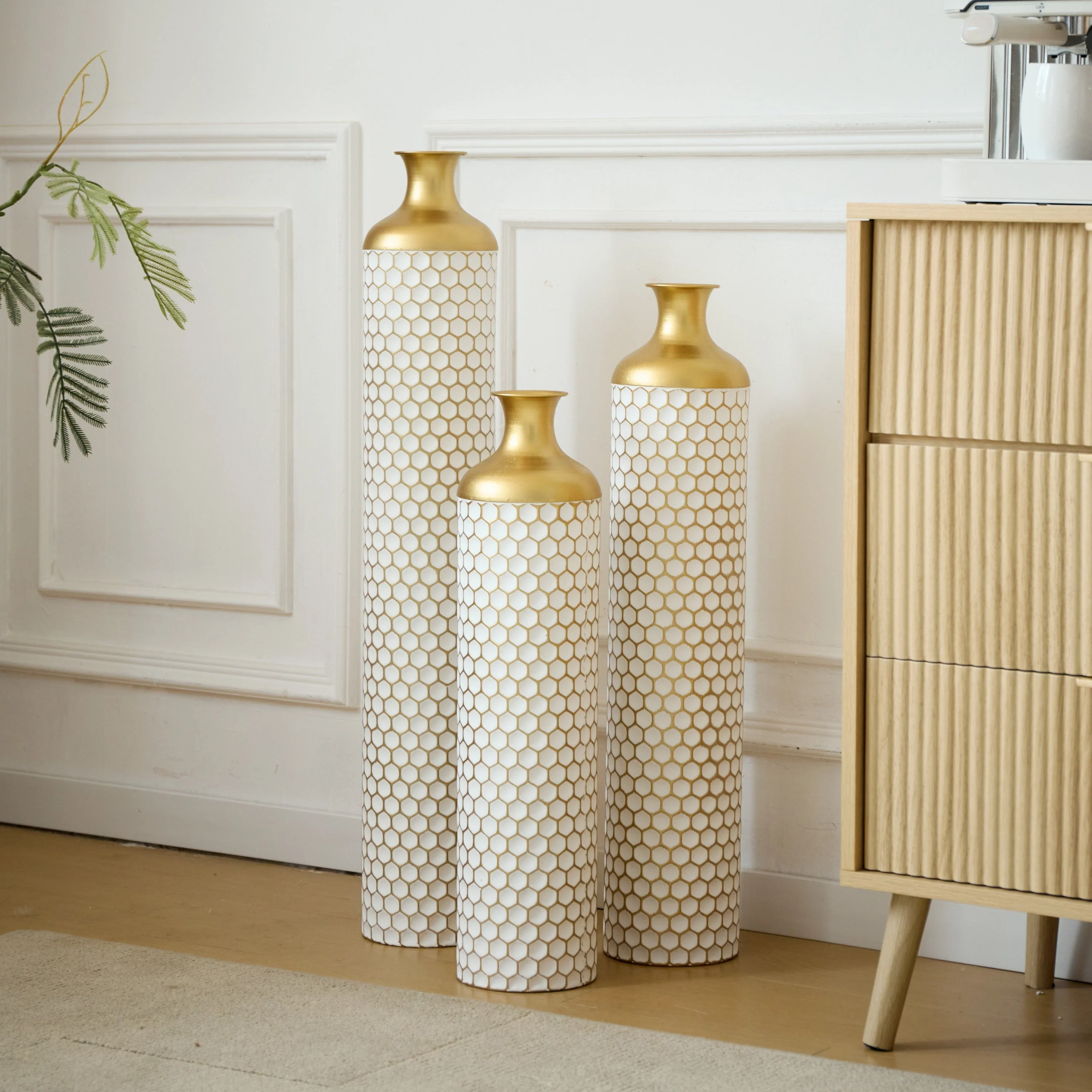 3-Piece Modern Metal Vase Set - White & Gold - Image 4