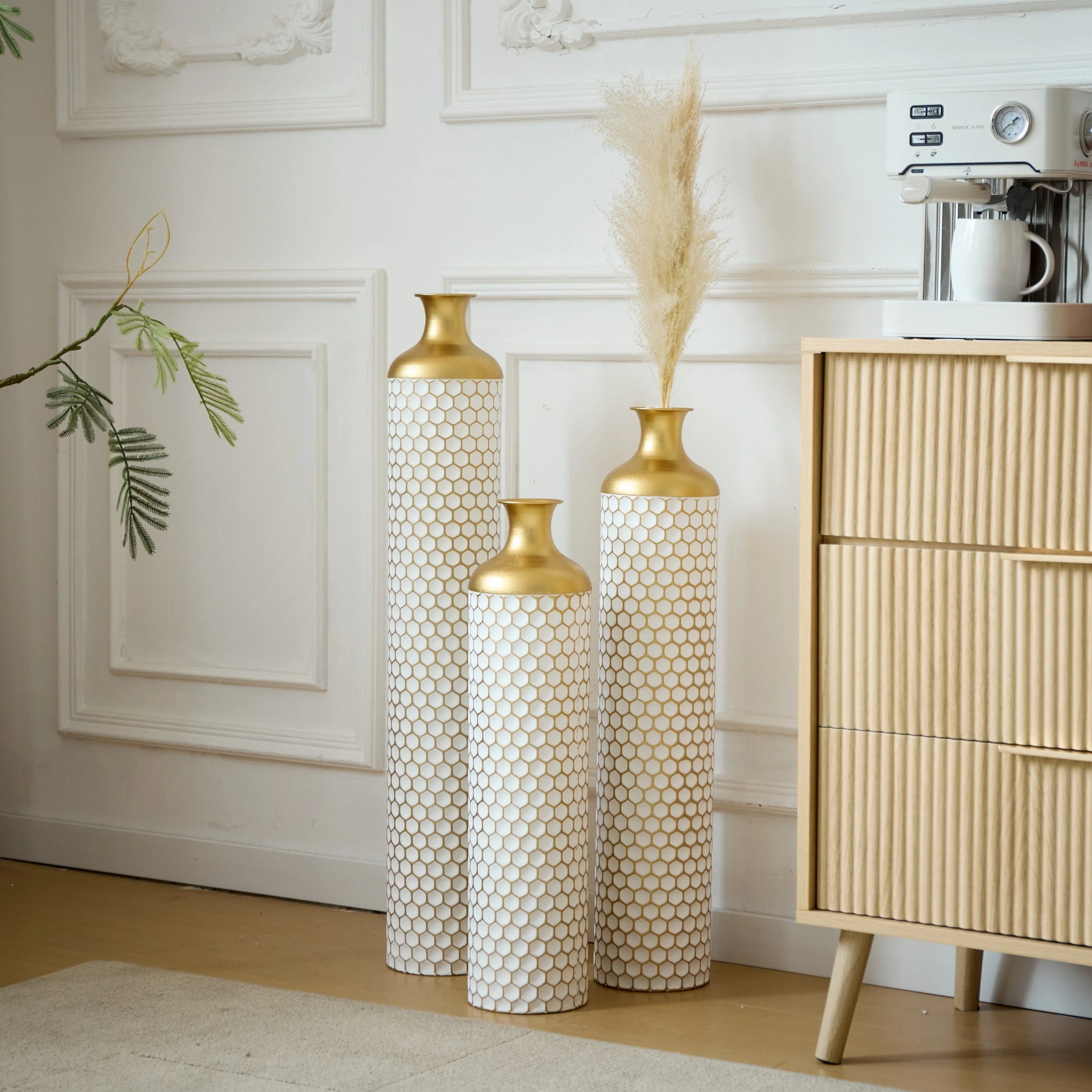 3-Piece Modern Metal Vase Set - White & Gold - Image 5