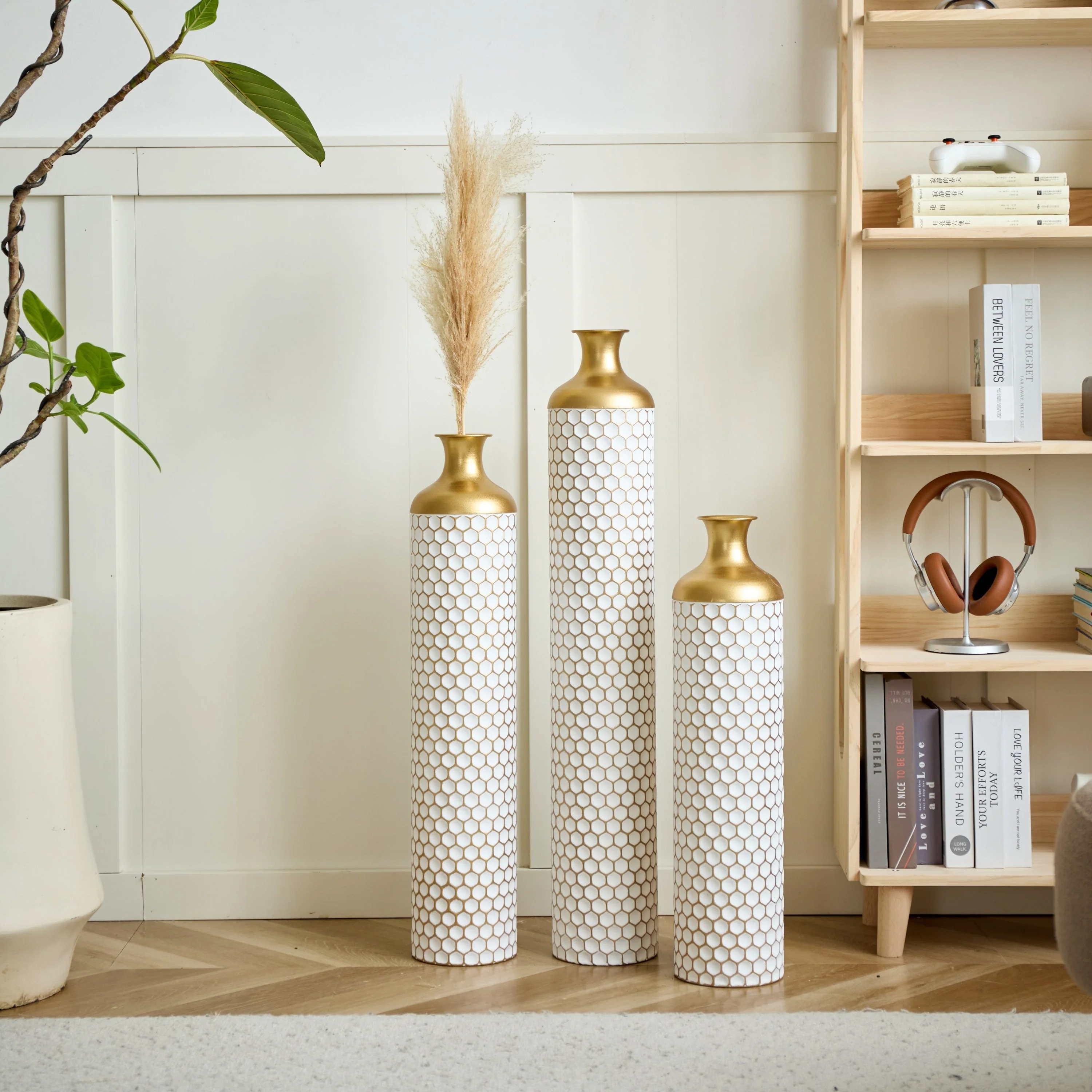3-Piece Modern Metal Vase Set - White & Gold - Image 6
