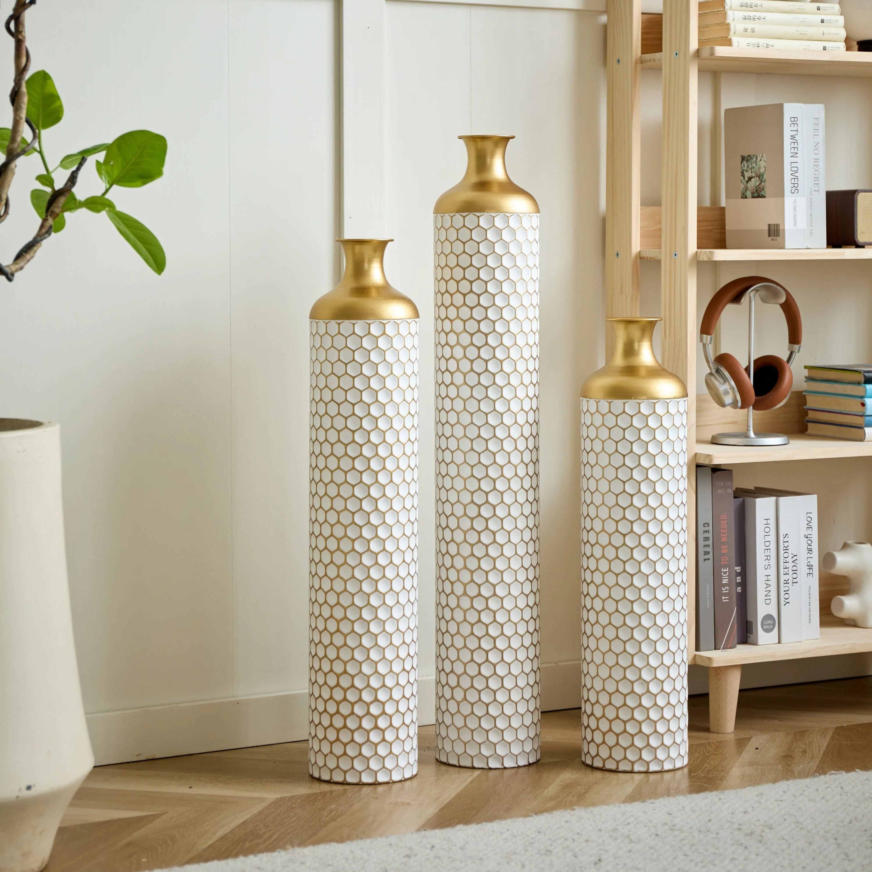 3-Piece Modern Metal Vase Set - White & Gold - Image 7