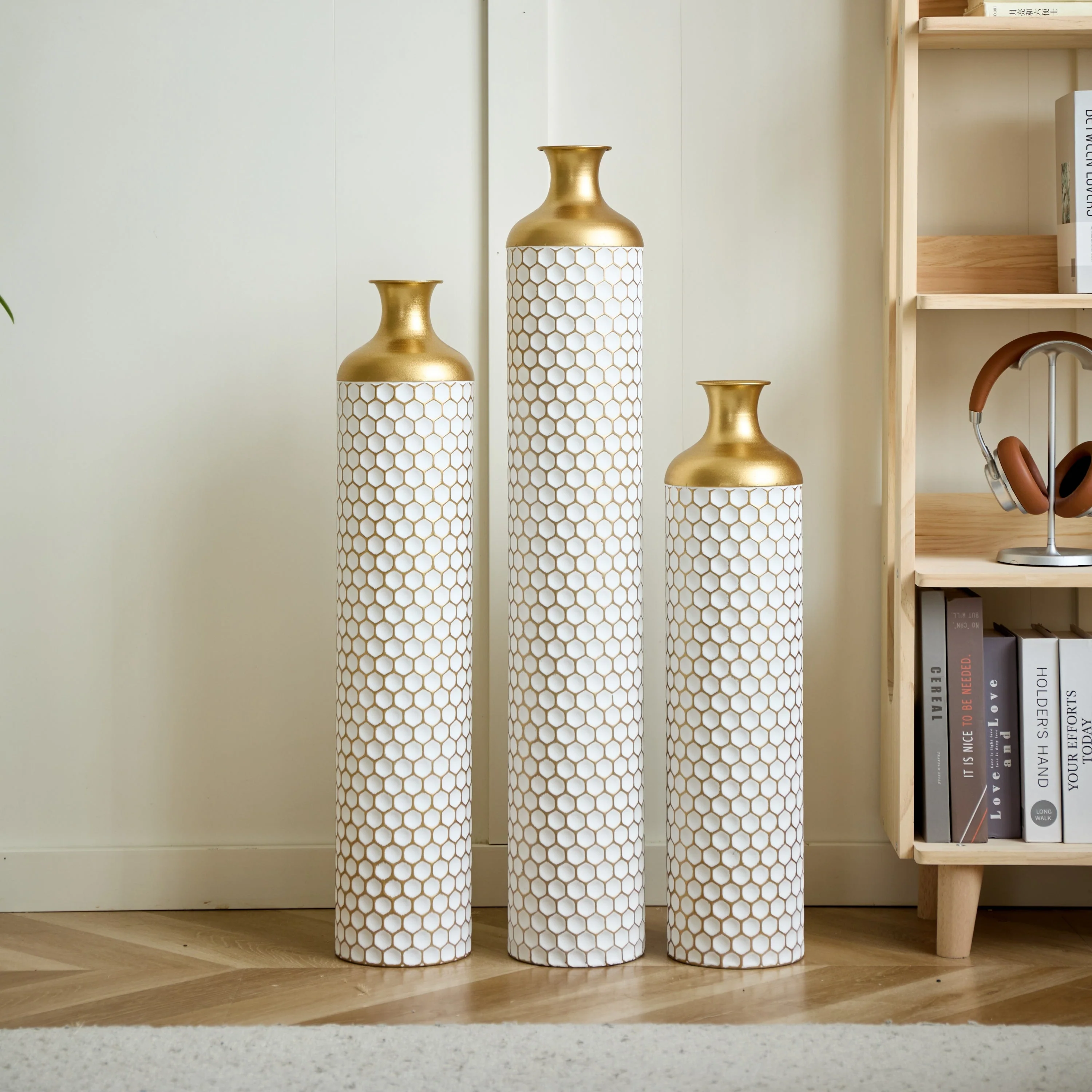 3-Piece Modern Metal Vase Set - White & Gold - Image 8