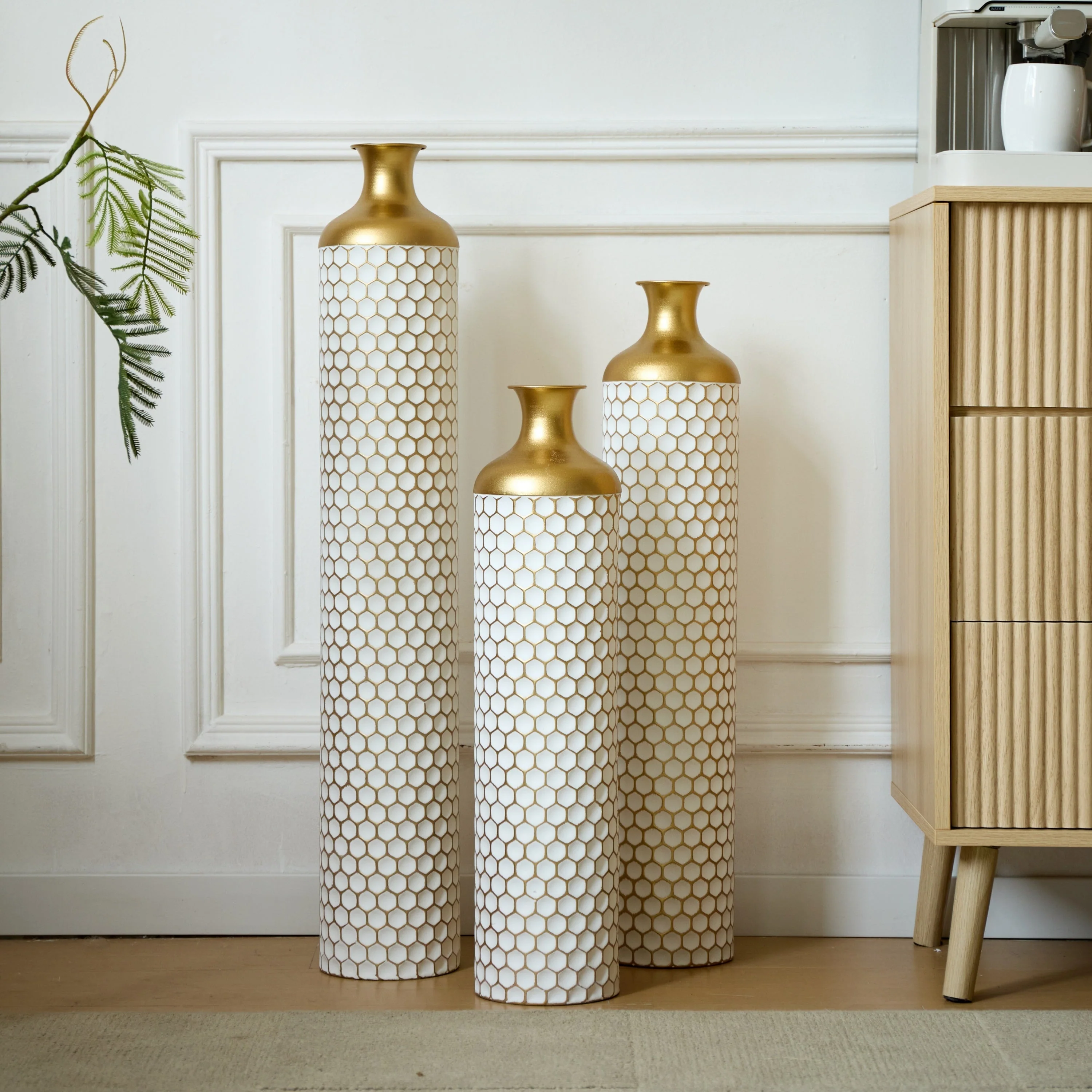 3-Piece Modern Metal Vase Set - White & Gold - Image 9