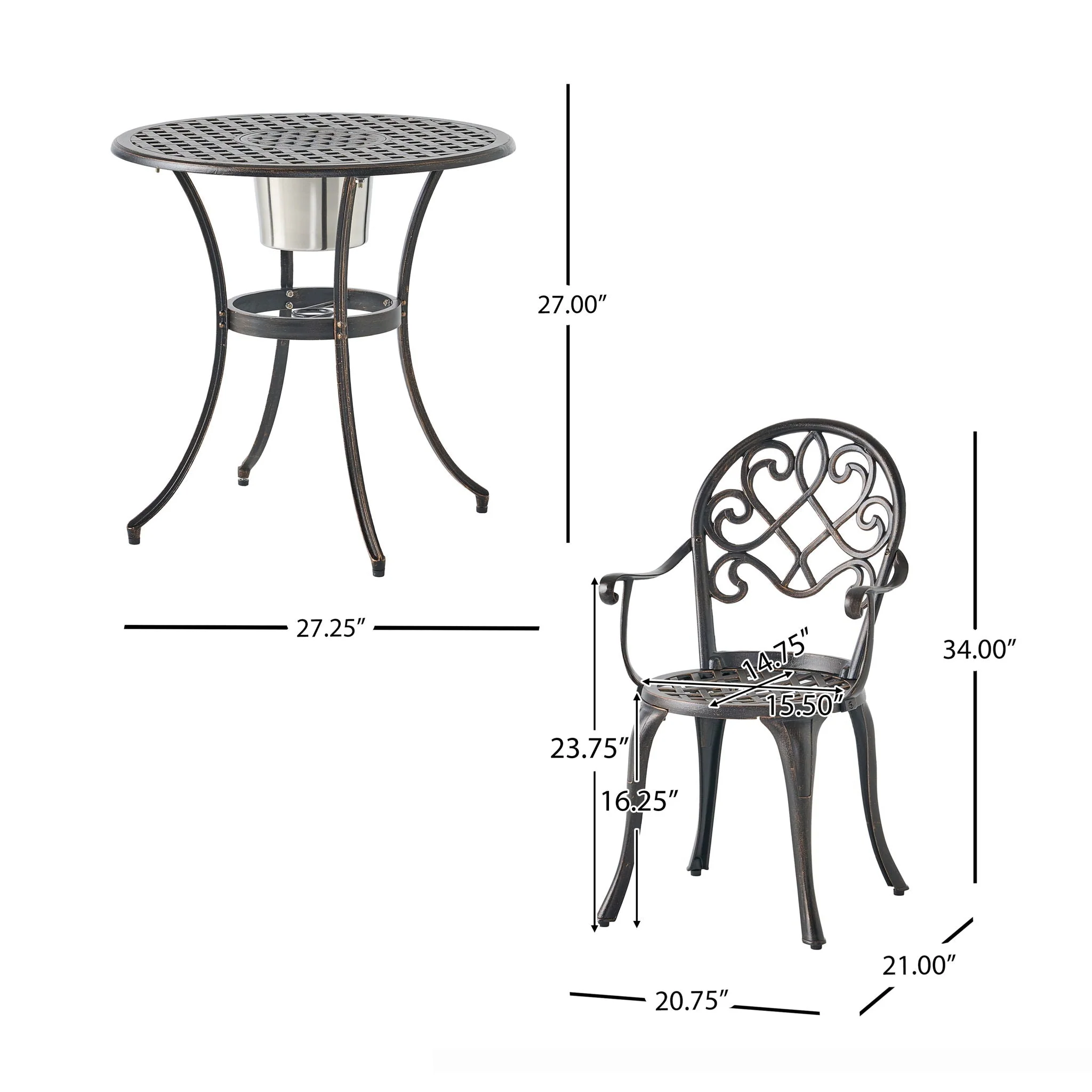 3 Piece Outdoor Aluminium Cast Bistro Set With Ice Bucket - Copper - Image 2