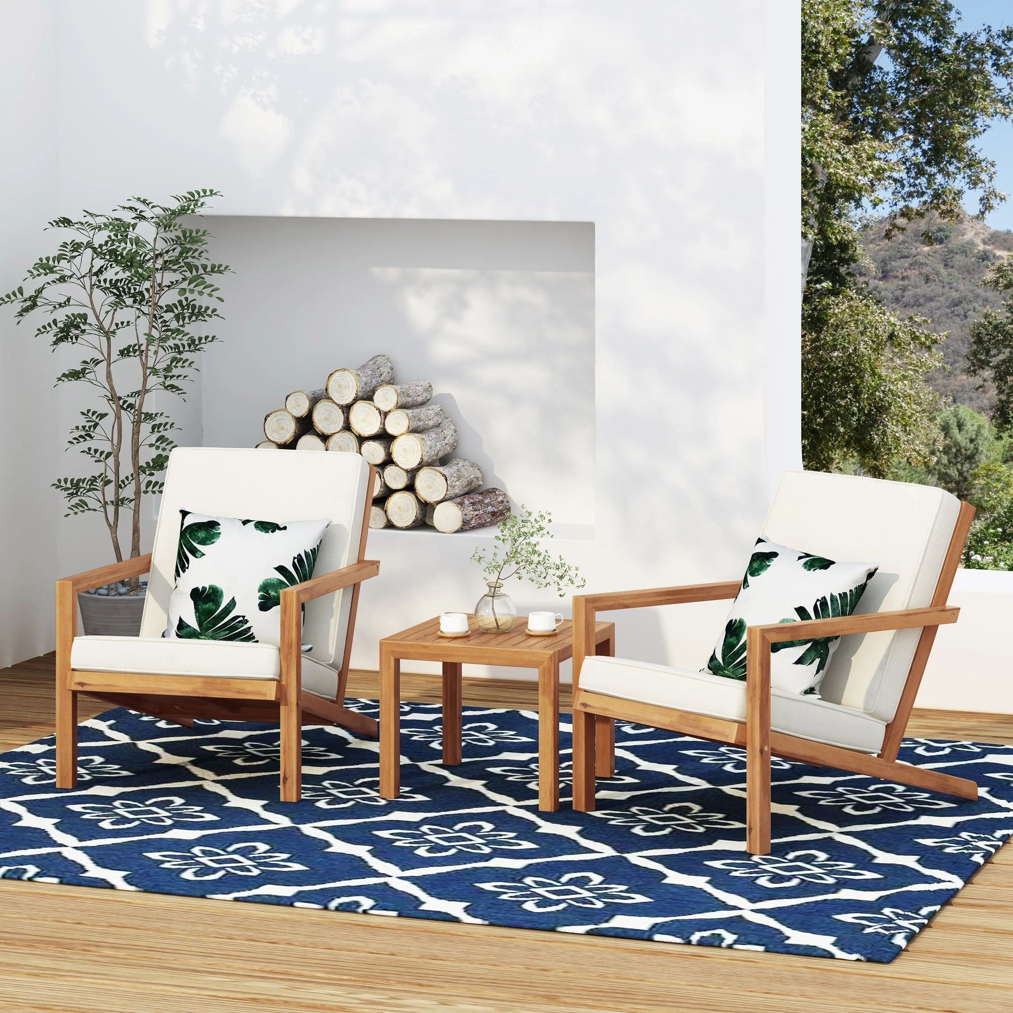 3 Piece Outdoor Chat Set With Table And 2 Adirondack Chairs - White / Brown Patina - Image 2