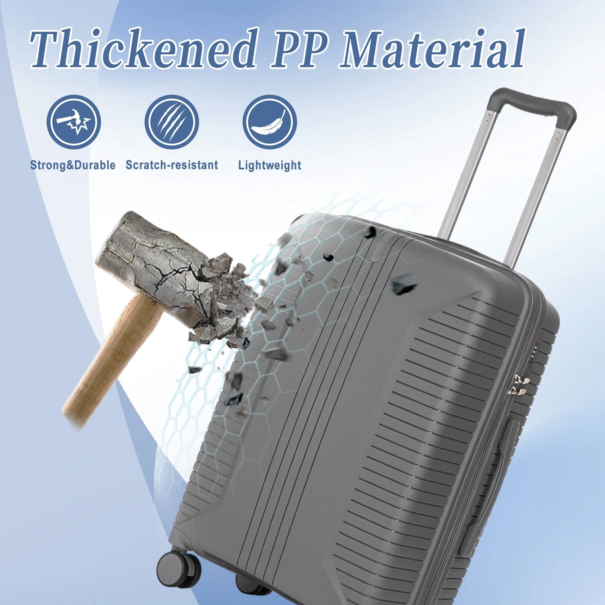 3-Piece PP Spinner Wheel Luggage Set 20'/24'/28' Silver Grey - Image 11