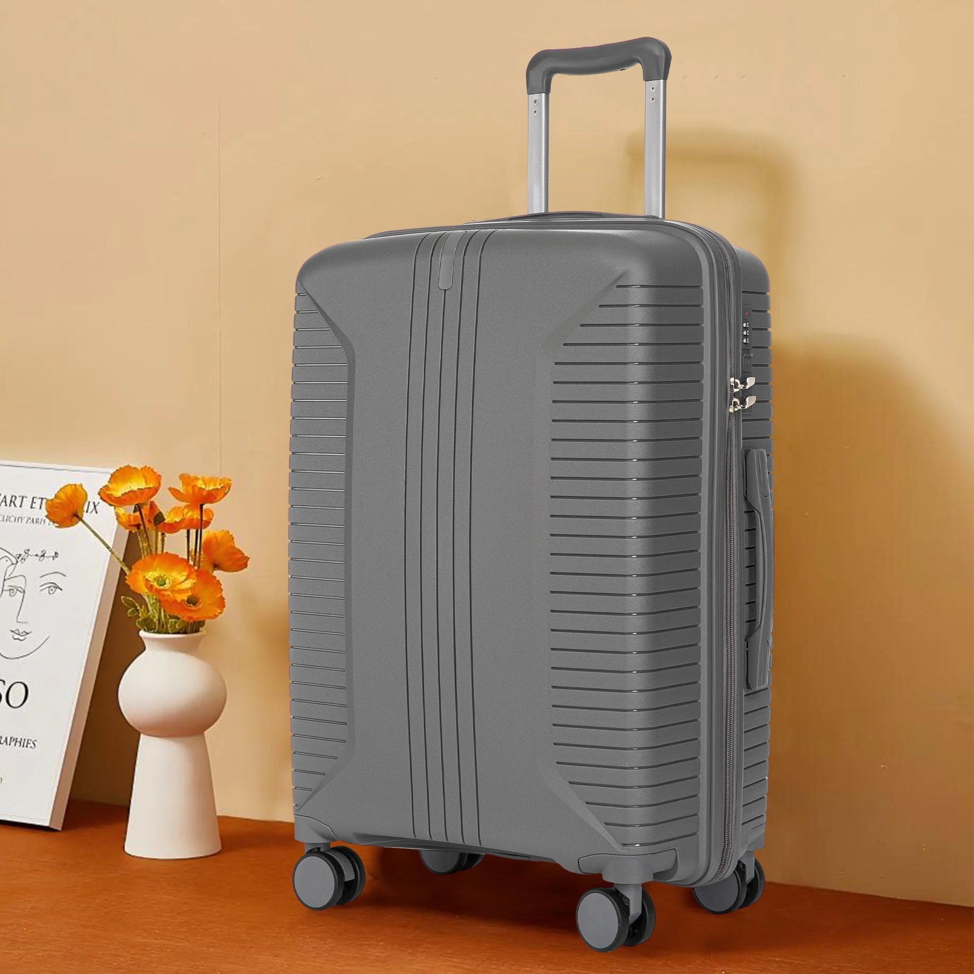 3-Piece PP Spinner Wheel Luggage Set 20'/24'/28' Silver Grey - Image 4