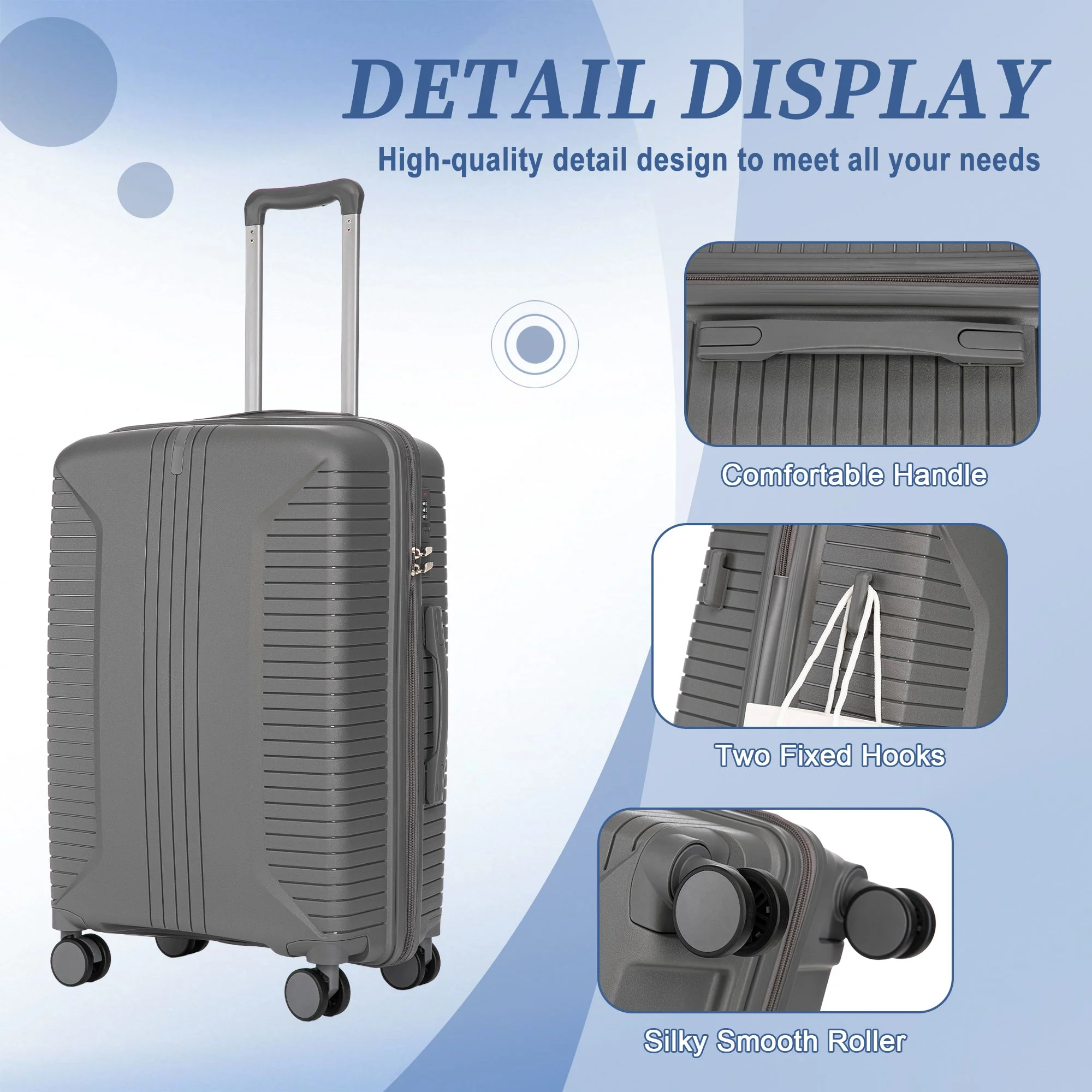 3-Piece PP Spinner Wheel Luggage Set 20'/24'/28' Silver Grey - Image 7