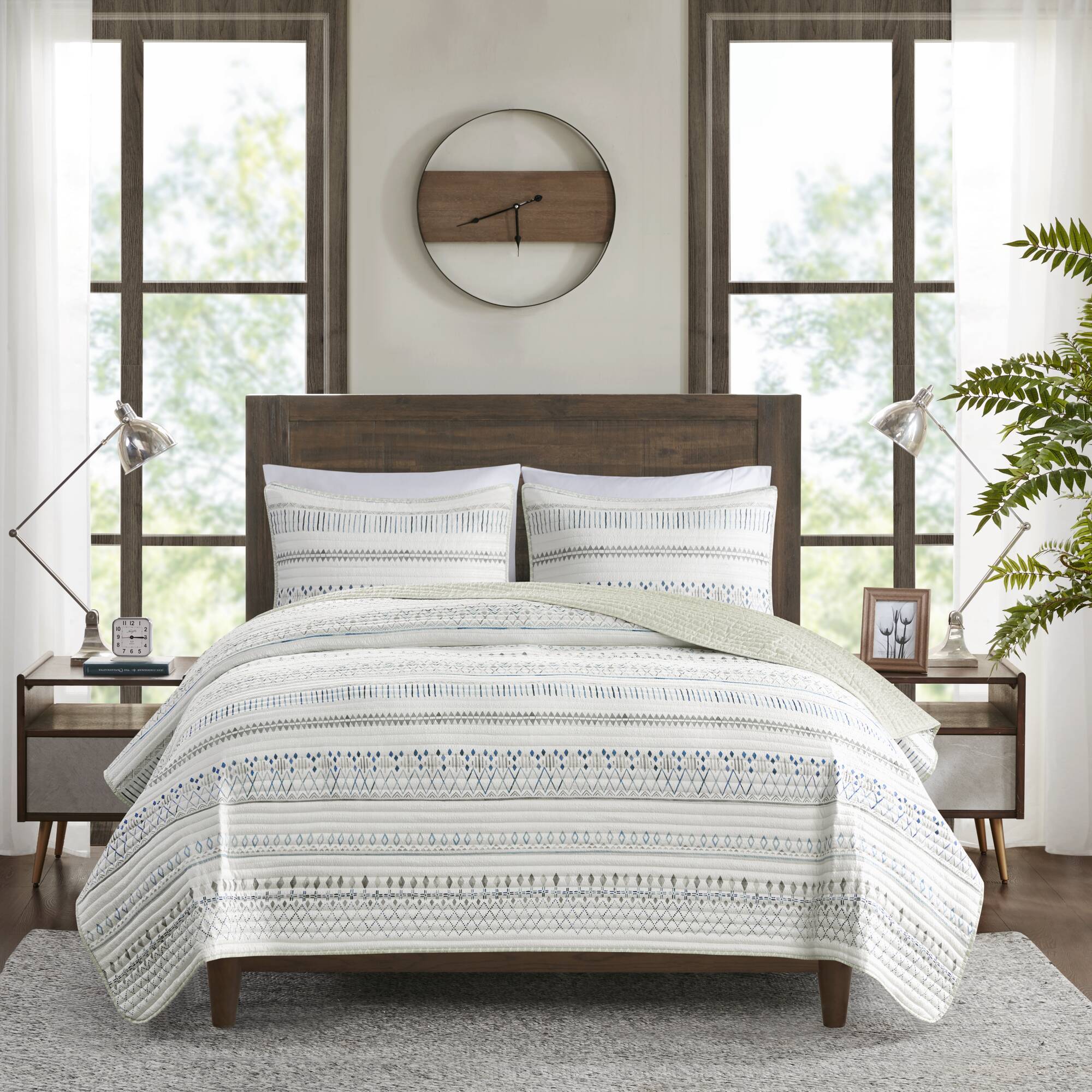 3 Piece Printed Microfiber Seersucker Quilt Set Taupe/Blue Full/Queen - Image 10